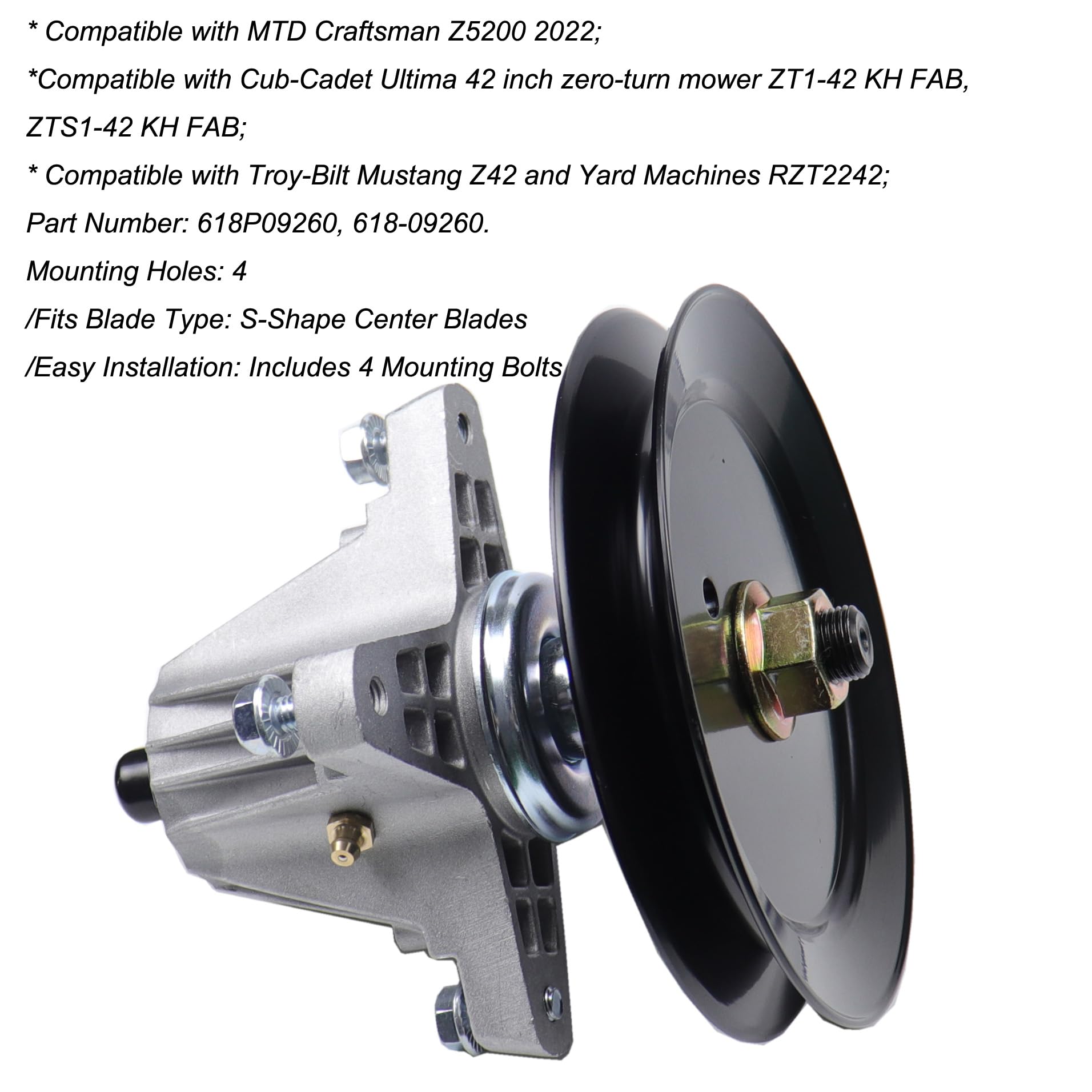 MOCW 618-09260 618P09260 - Conjunto de husillo para Cub Cadet ZT1-42, ZT1-42 Fab, ZTS1-42 Fab, MTD Craftsman Z5200 Troy Bilt Mustang Z42 cubiertas de 42 pulgadas