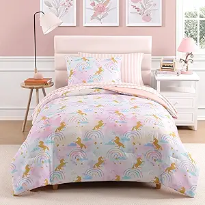 Twin Comforter Set with Sheets for Girls-5 Pieces Twin Bedding Sets with Pink Comforter, Sheets, Pillowcase & Sham for Kids (Gold Unicorn, 66" X 86")