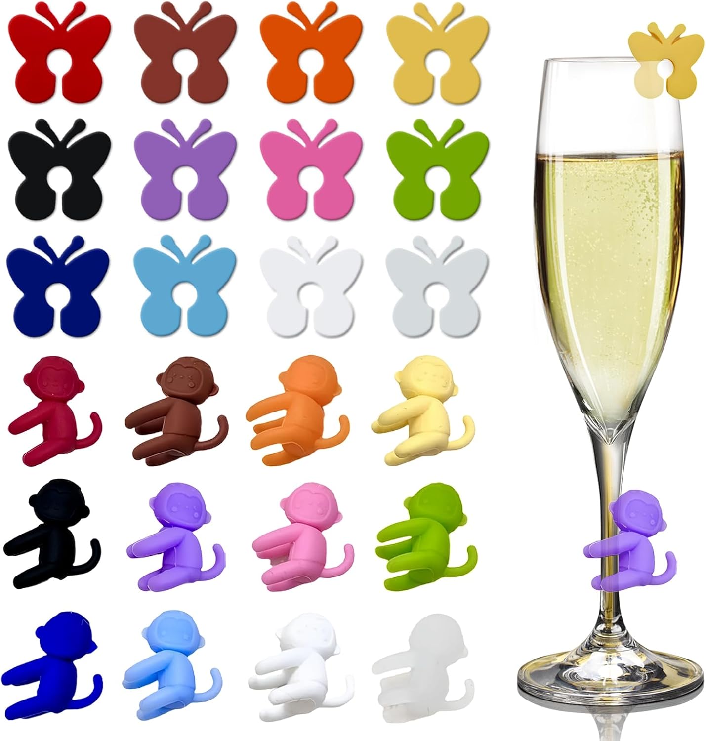 Wine Glass Charms, 24 Pcs Butterfly and Monkey Reusable Silicone Wine Charms for Stem Glasses, Drink Markers for Champagne Flutes Cocktails, 12 Colors for Parties, Carnivals, Banquets, Weddings
