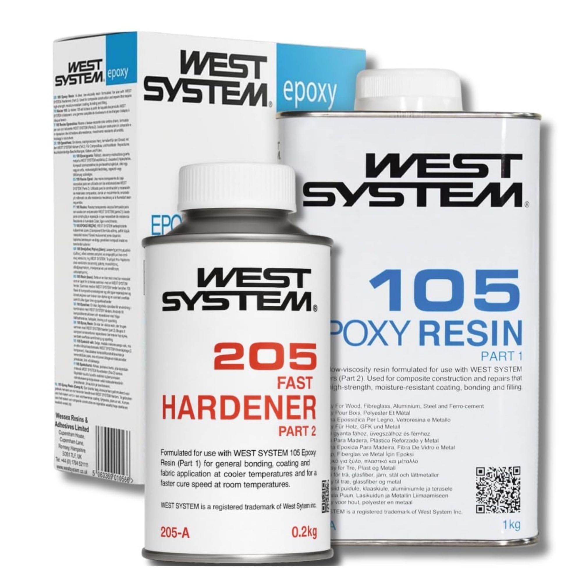 WEST SYSTEM Epoxidharz und Härter 105/205 A Pack Set – Marinequalität 2-Komponenten-Epoxidkleber für Holz, Metall, Fiberglas – Wasserdichter DIY-Klebstoff für Bootsreparatur & Spaltfüllung