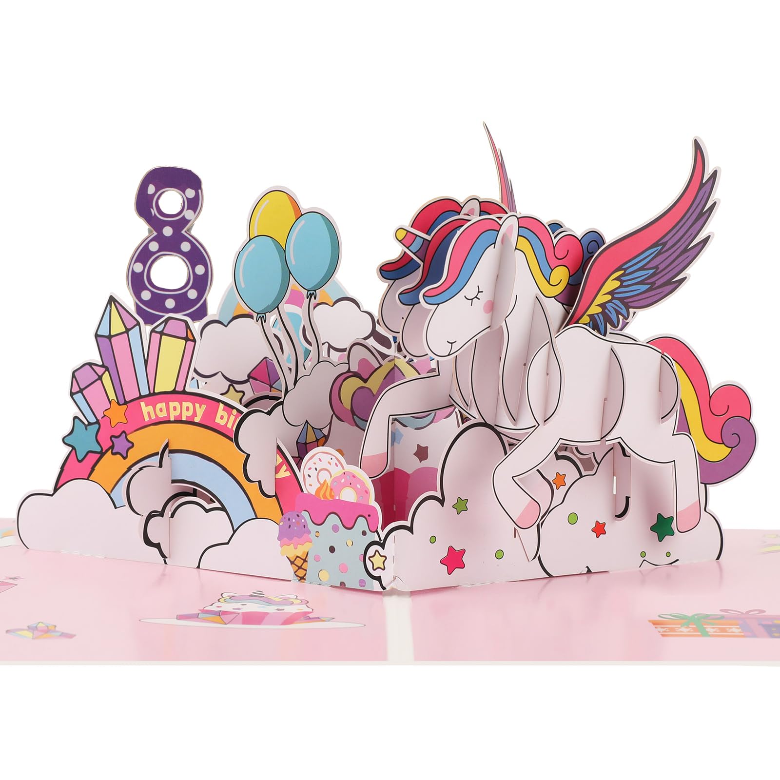 Pop up 8th Birthday Card for Girl, 3D Unicorn Birthday cards for 8-year-old daughter, granddaughter, niece, kids with Envelope & Notecard