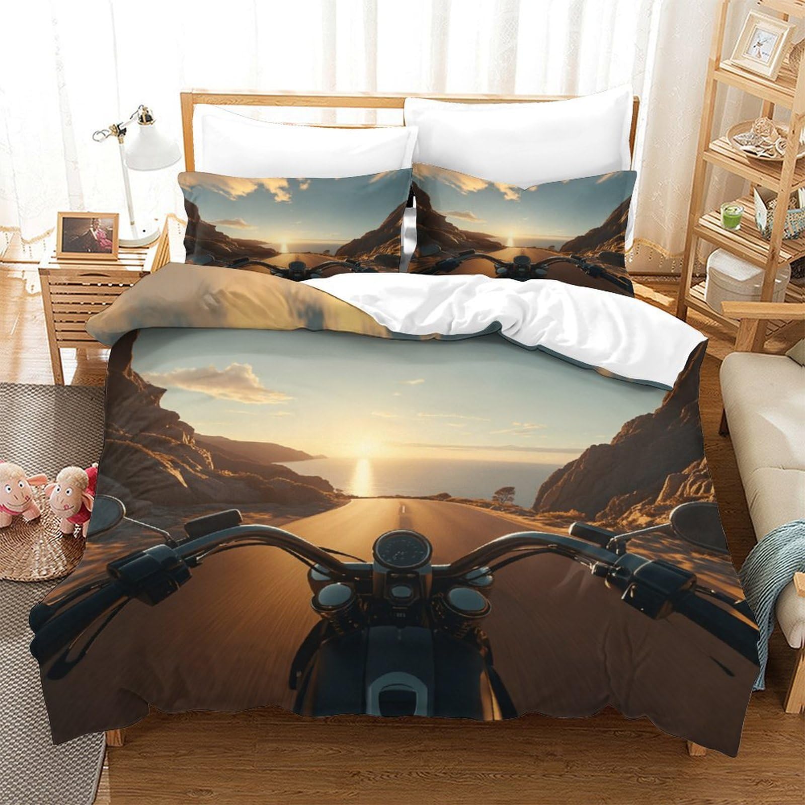 XiaopangXY Motorbike Washable Duvet Cover Set Hidden Zipper Motorcycle Quilt Cover Set with Pillowcases Bedding Set Soft Microfiber Bed Linen Set for Kids & Adults King（220x240cm）