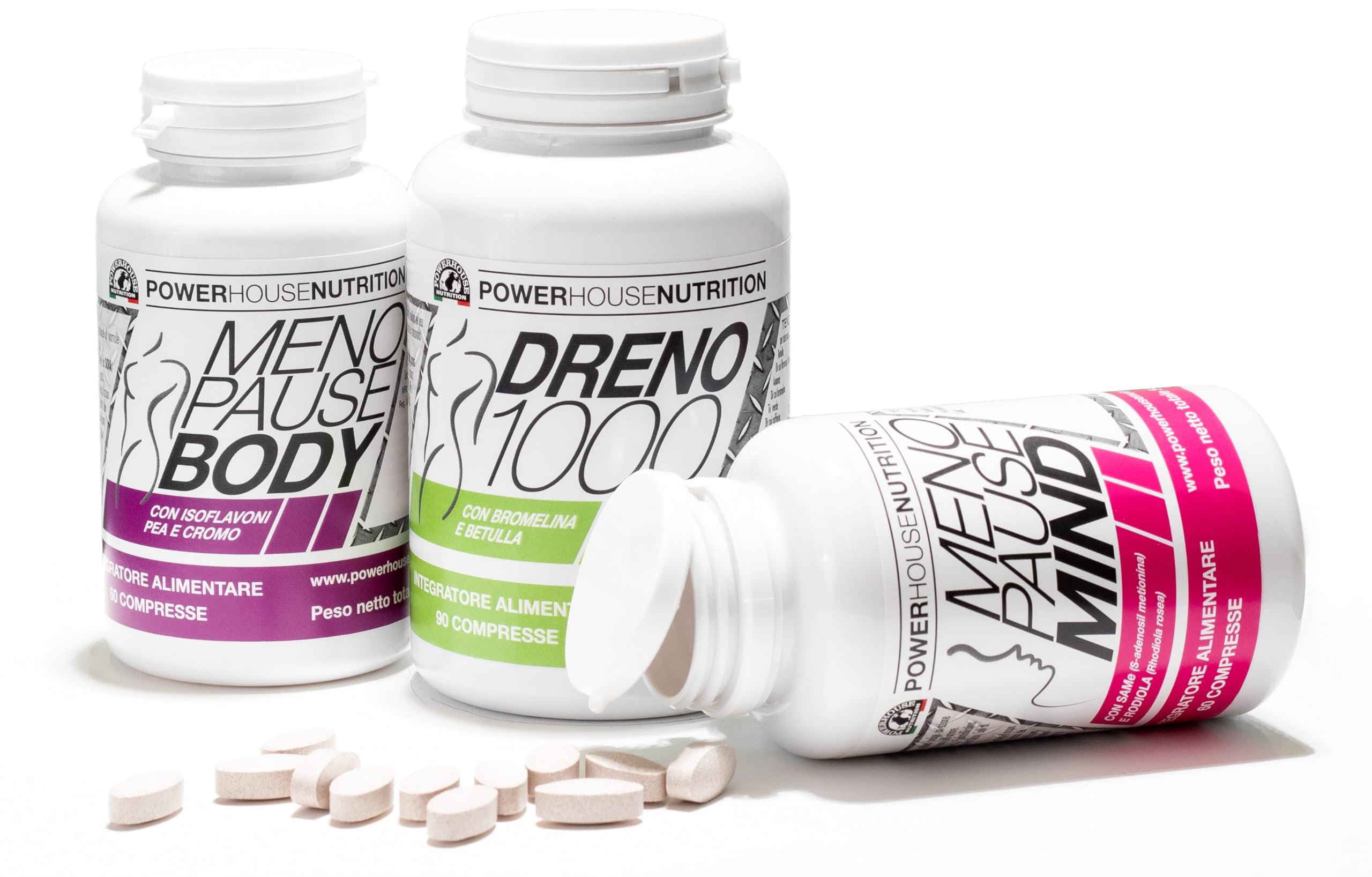 Menopause Line Combo Powerhouse Nutrition – Box 3 Integratori per Donna (Menopause Mind + Menopause Body + Dreno 1000) – Supporto Nutrizionale e Benessere Quotidiano – Made in Italy