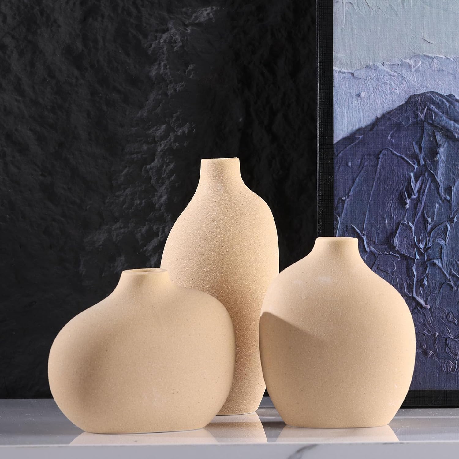 Small Tan Brown Ceramic Vase Set of 3,Bulk Mini Bud Vases for Flowers and Pampas Grass,Cute Boho Ellipse Home Decor for Coffee Table Centerpieces,Living Room,Office,Bookshelf,Entryway Decor - Image 4