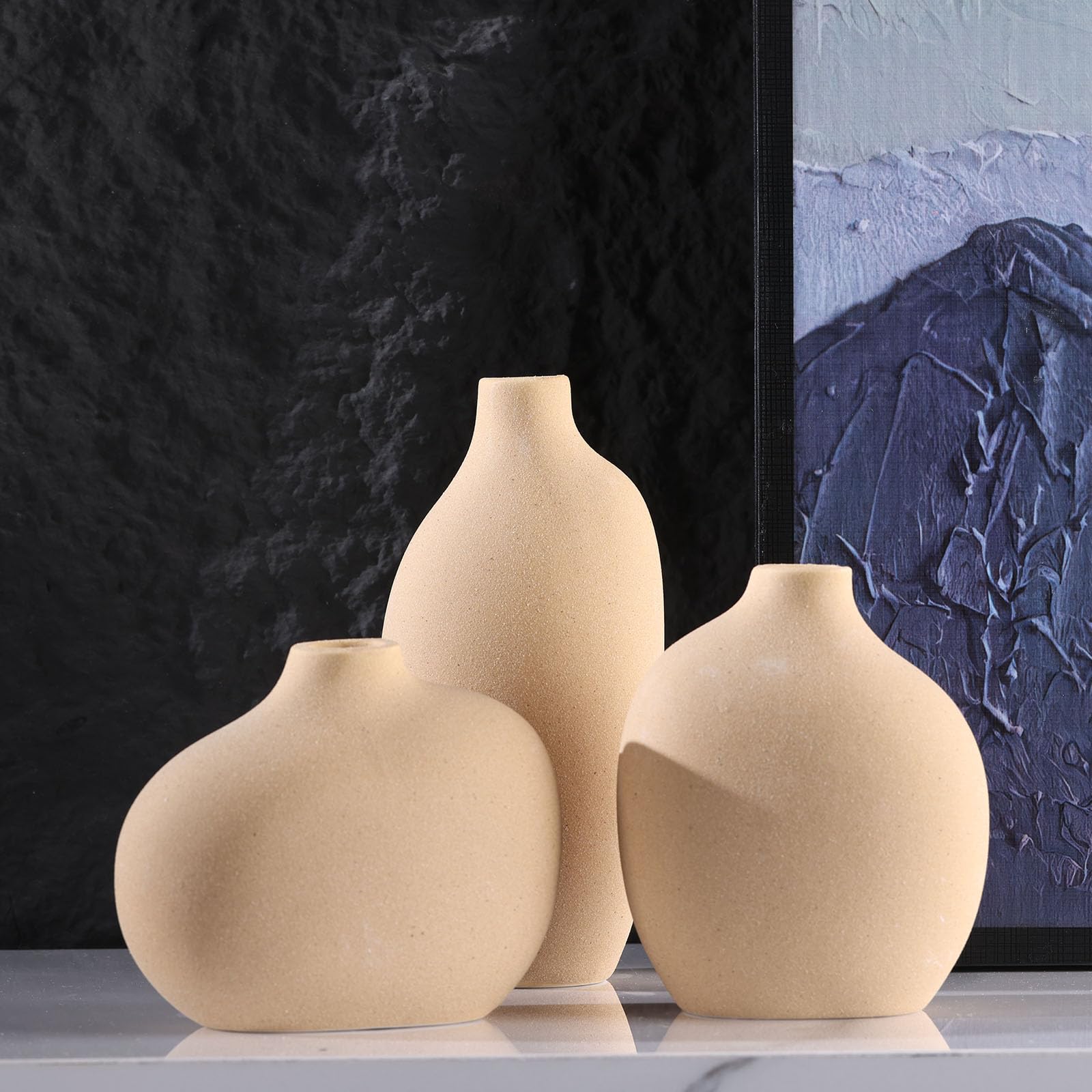 Small Ceramic Vase Set of 3,Bulk Mini Bud Vases for Flowers and Pampas Grass,Cute Boho Ellipse Home Decor for Coffee Table Centerpieces,Living Room,Office,Bookshelf,Entryway Decor (Tan) - Image 4