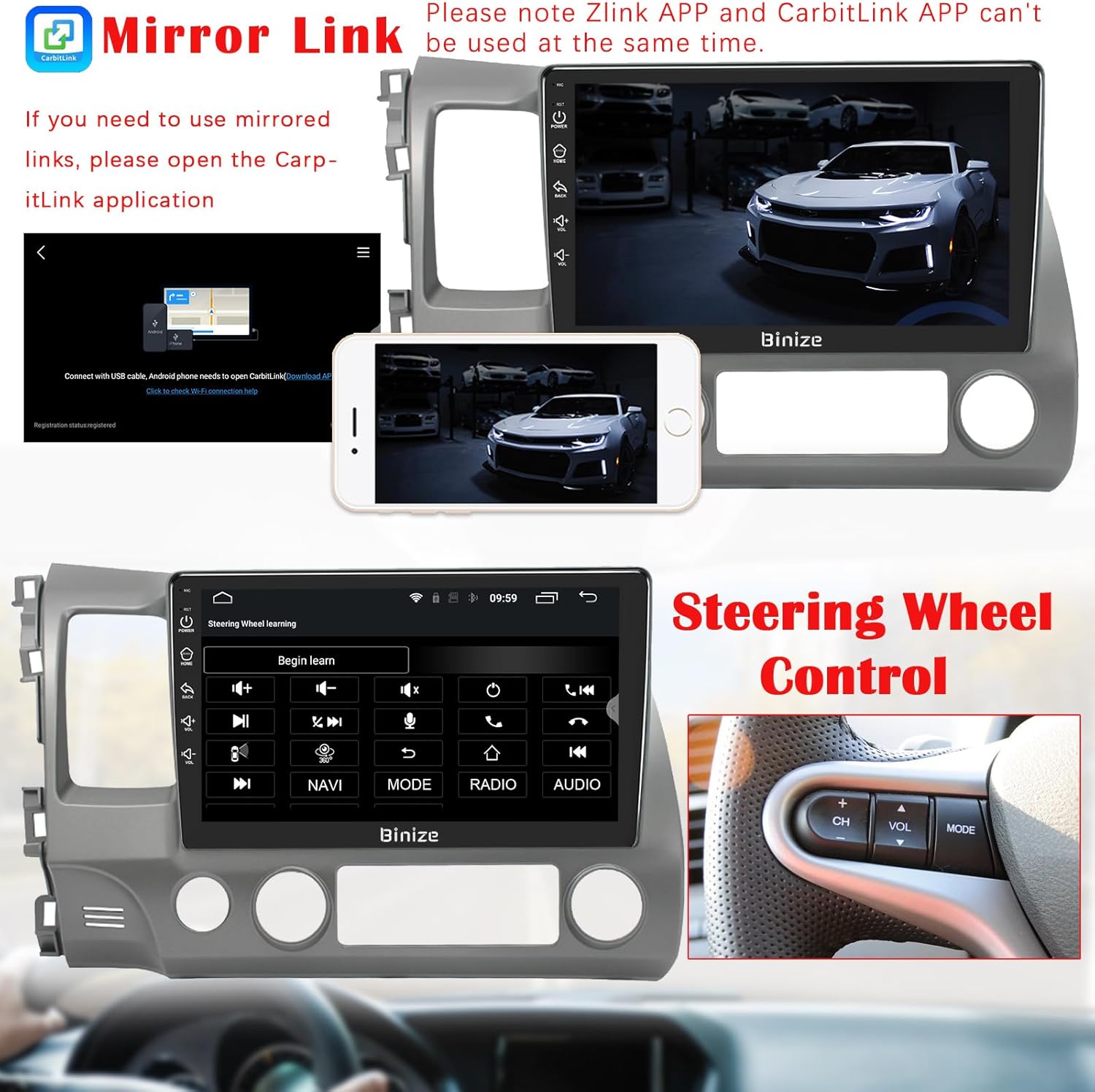 Car Radio Head Unit Compatible with Honda Civic 2006 2007 2008 2009 2010 2011,Car Stereo Android 13 Touch Screen Wireless CarPlay&Android Auto, Bluetooth,GPS Navigation,FM, Backup Camera Mirror Link
