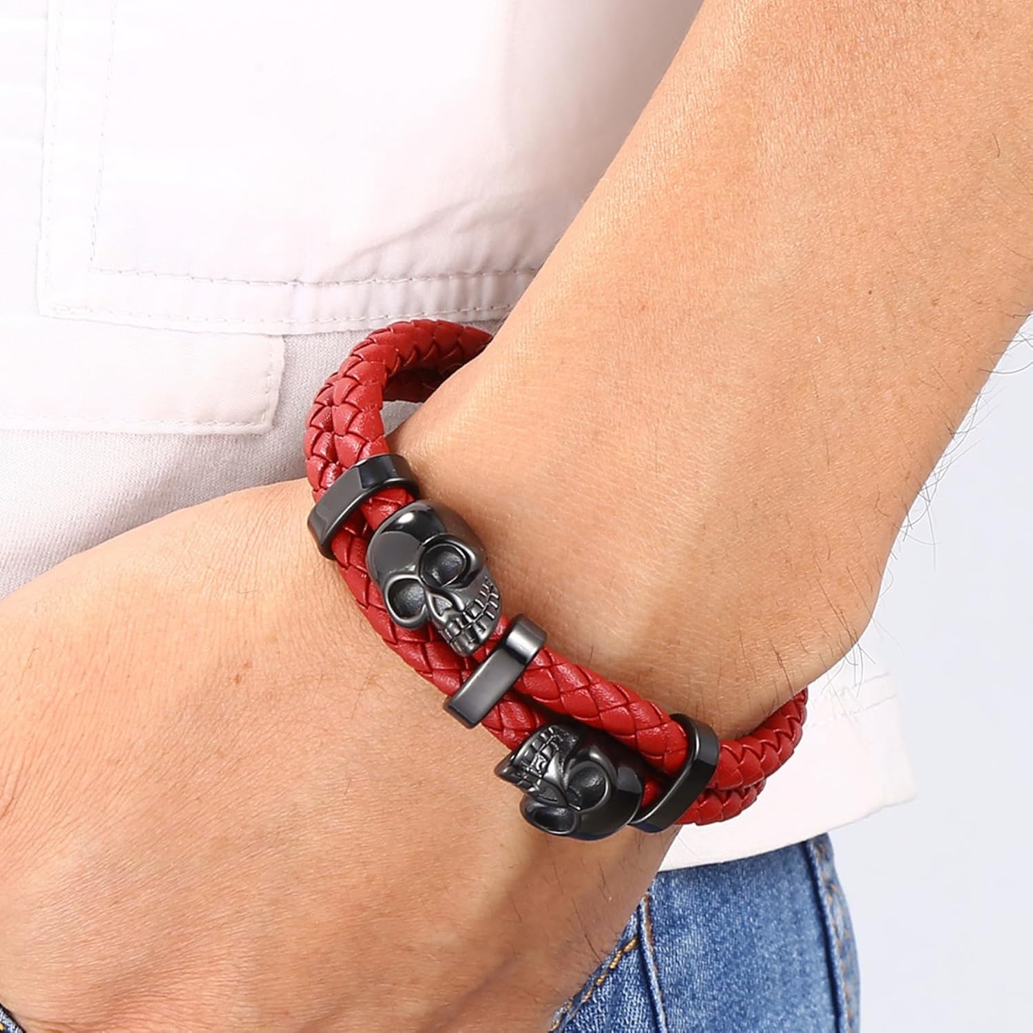 Mens Skull Double Row Leather Bracelet, Black or Silver Skull Braided Bracelet for Men, Mens Punk Jewelry - Image 3