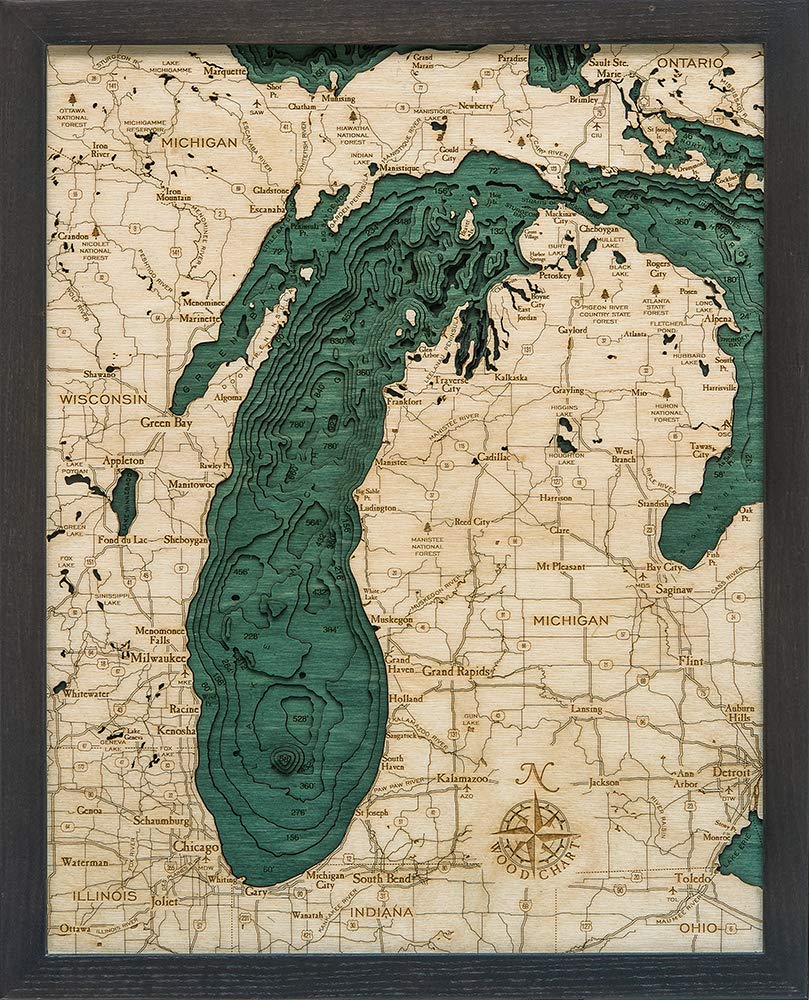 Lake Michigan 3-D Nautical Wood Chart, 16" x 20"