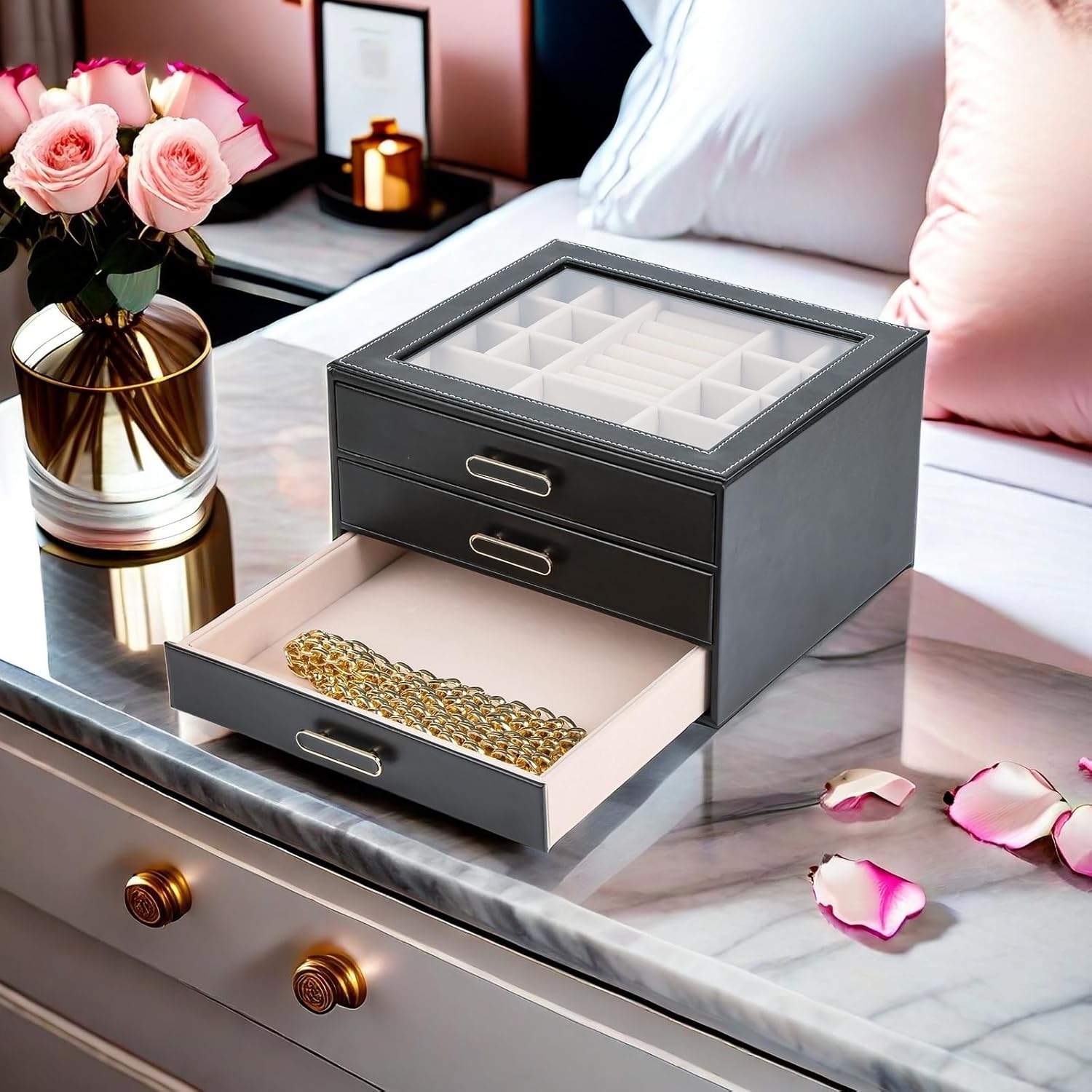ASINGYER 3 Layer Jewelry Organizer Box with Glass Lids & 3 Drawers - Elegant Storage Solution for Necklace, Rings，Earrings, and Bracelets - Perfect for Women ASK-301 (Black)