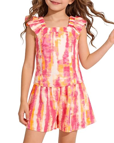 SOLOYEE Girls Summer Clothes 7 8 Years Girl Outfits Print Ruffle Sleeveless Top + Casual Elastic Waist Short 2 Piece Cute Clothing Set