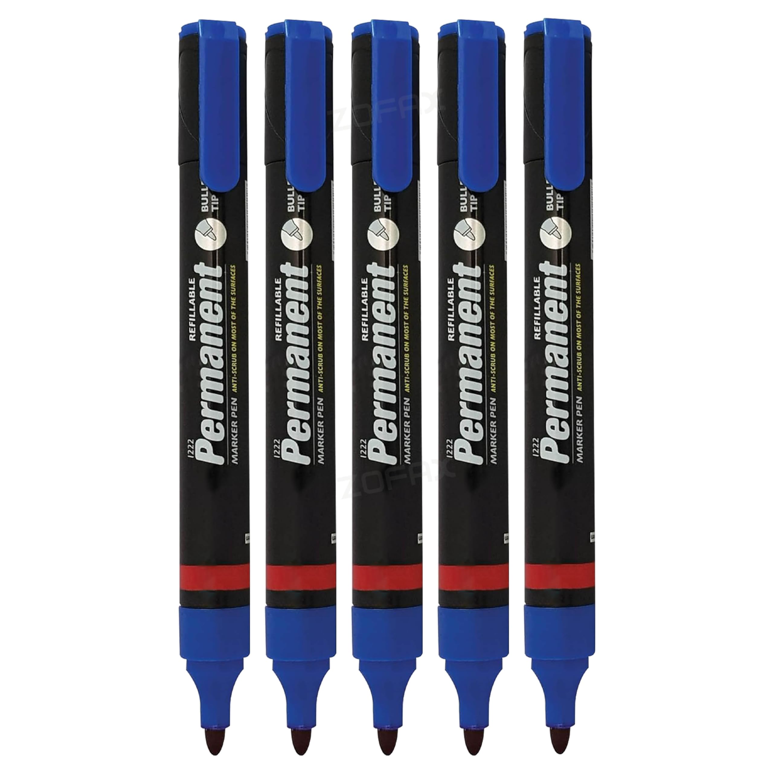 1222 Permanent Marker Pens, BLUE, Bullet Tip, Broad Point (2.0mm), Pack of 5, Multi-Surface Markers, Ideal for School Office Home Use, iZOFAX Black Ball Pen