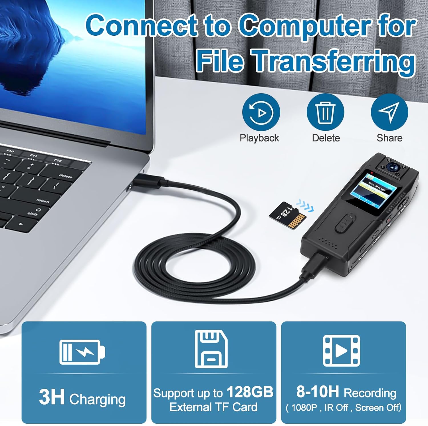 Hersance VD3 Bodycam connected to a laptop for charging and file transfer