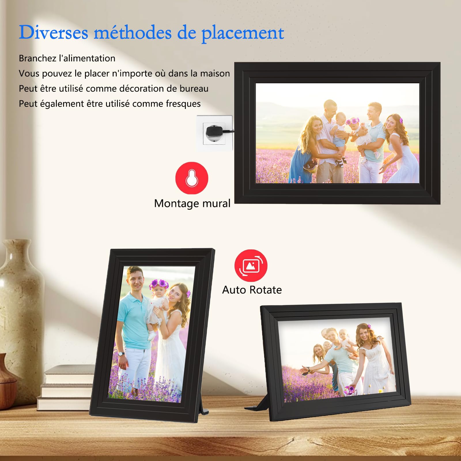 Cadre Photo Numérique WiFi - 10.1 Pouces，IPS Écran Tactile HD, Mémoire de 32 Go, Rotation Automatique,Partagez des Photos Via Frameo App,Noir