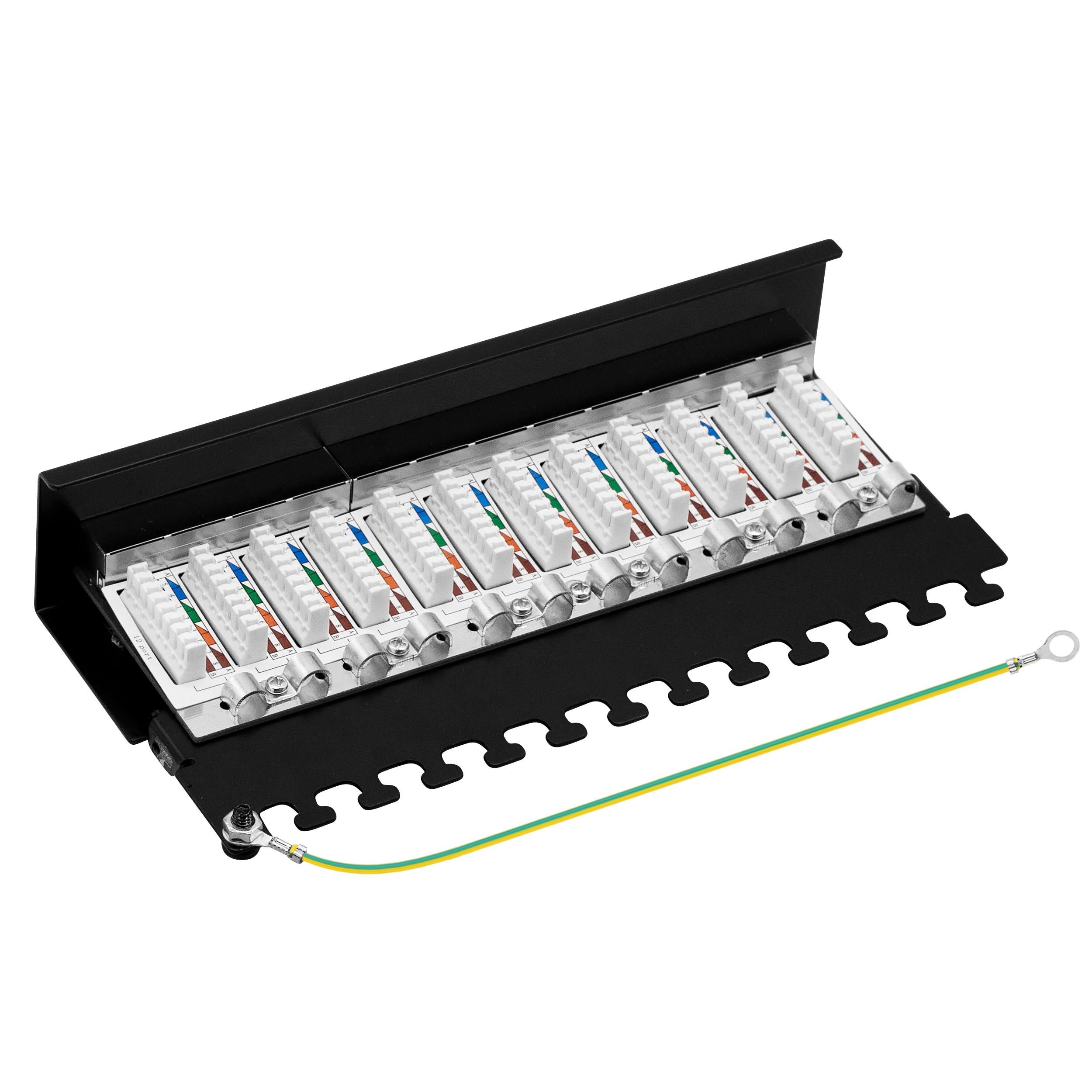 Patchpanel Cat6 Patchfeld 12 Port Verteilerfeld RJ45 Desktop und Wandmontage geschirmt 1HE Patchpanel bestückt mit 12 RJ45 Modulen für cat5e, cat6, cat6a, cat7, cat8 Patchkabel, Verlegekabel (Schwarz)