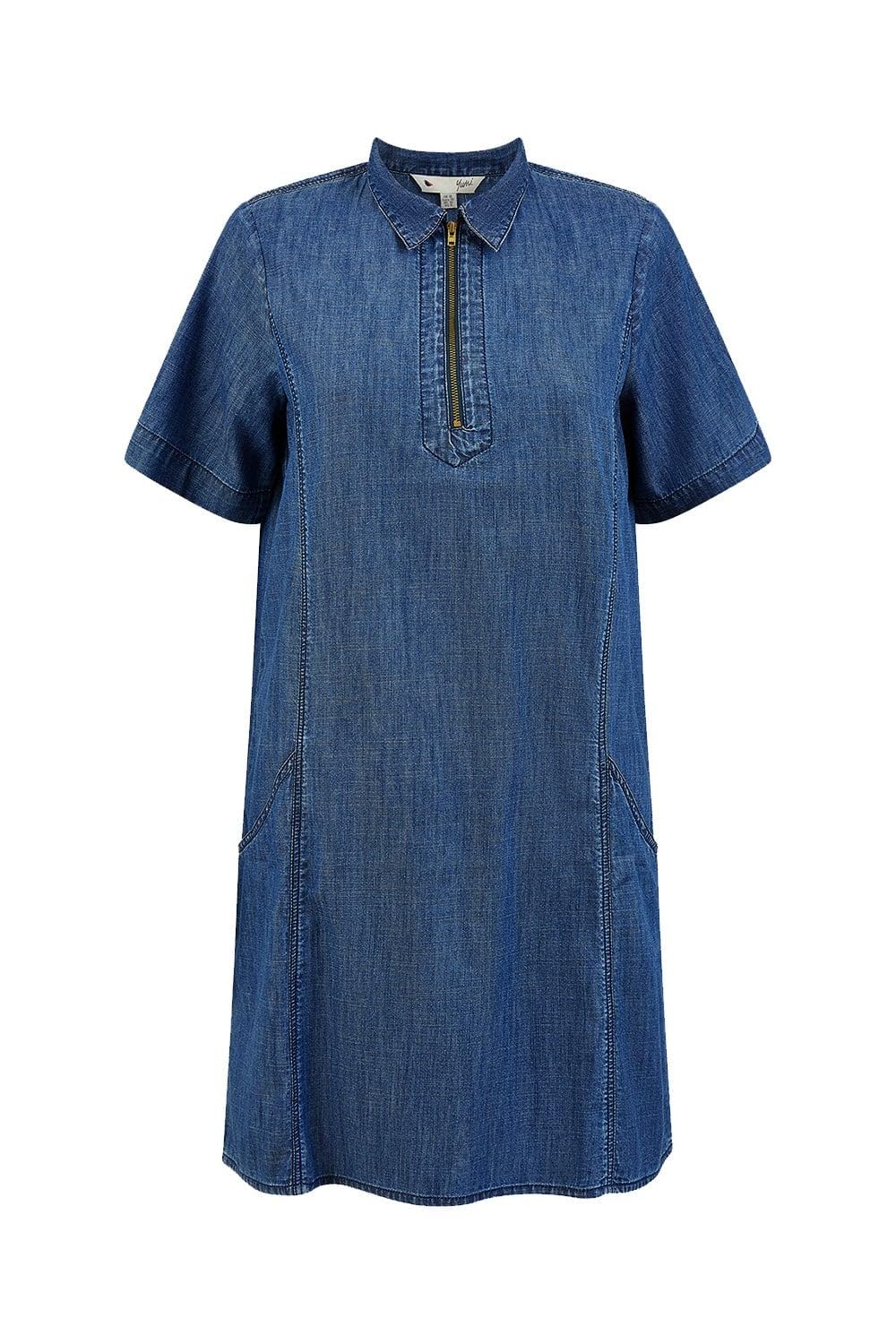 Yumi Blue Cotton Chambray Tunic With Zip Neckline (UK, Numeric, 12, Regular, Regular, Blue)