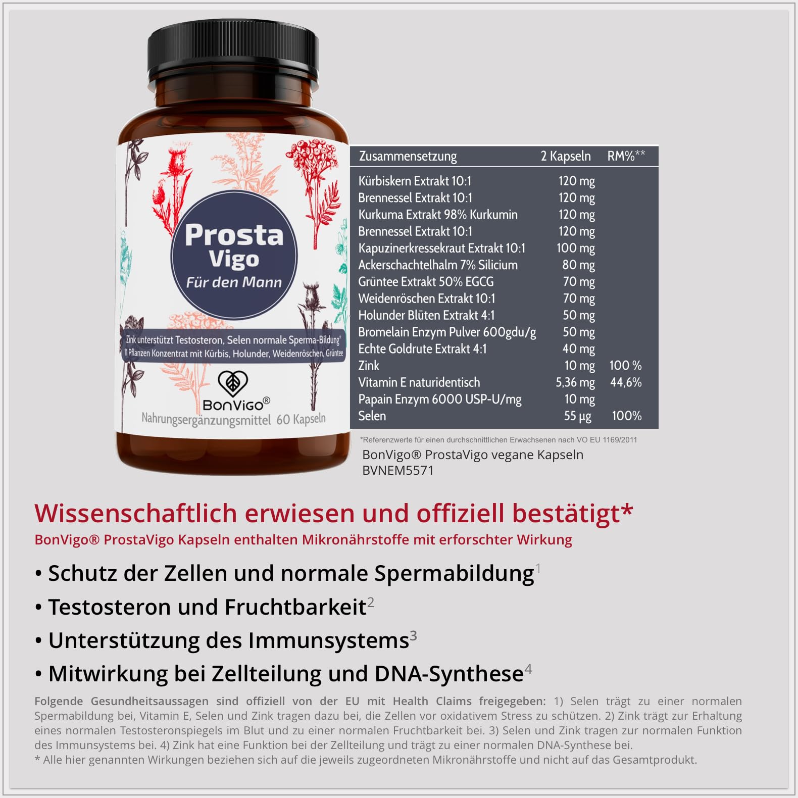ProstaVigo Kapseln für den Mann – 10 Pflanzen Konzentrat mit Kürbiskern, Sägepalme & Weidenröschen – Zink & Selen unterstützen Testosteronspiegel & Fruchtbarkeit – 120 Kapseln