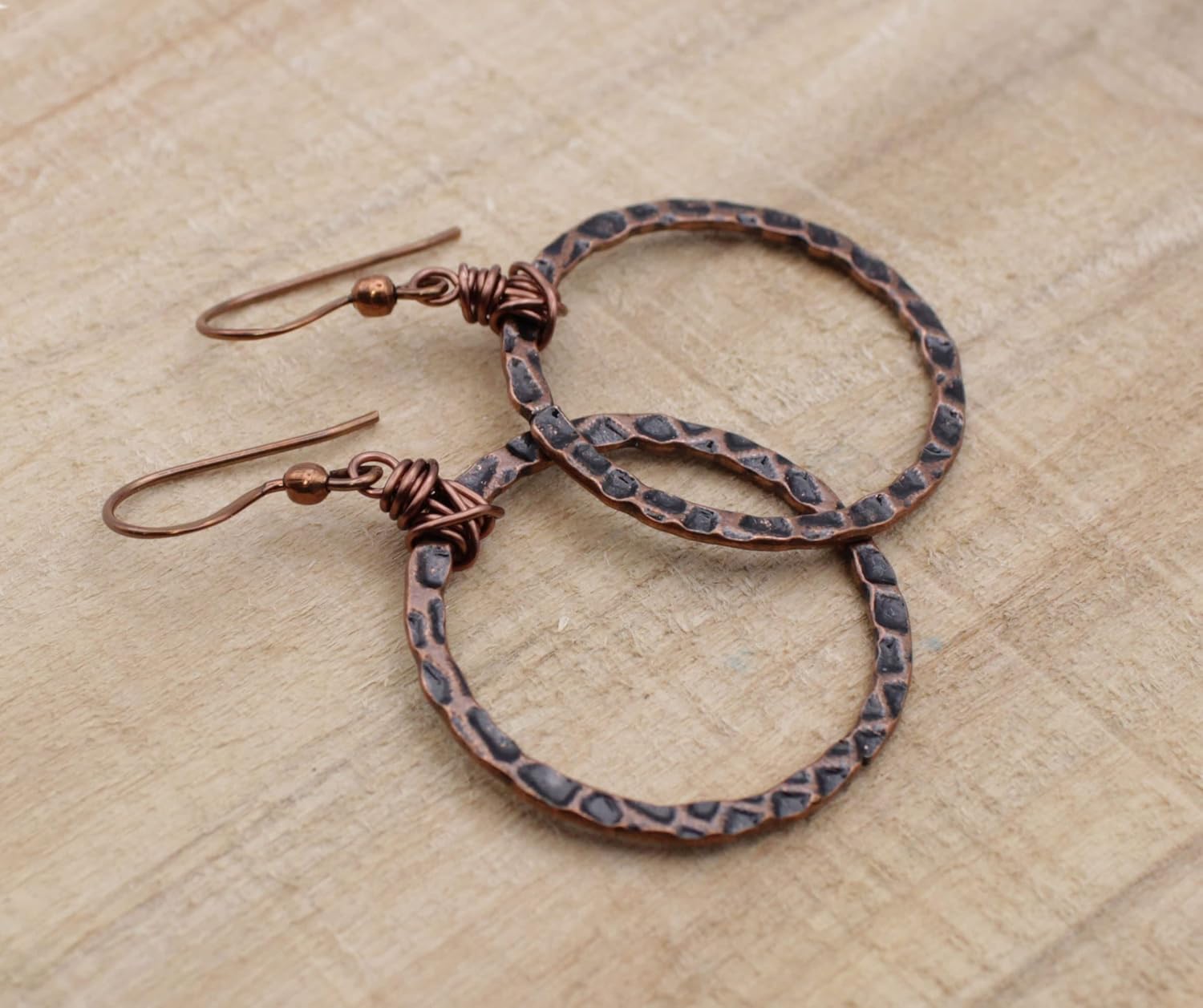 Pillar of Salt Studio Handcrafted Earrings Antiqued Copper Hammered Hoop Earrings (1" drop)