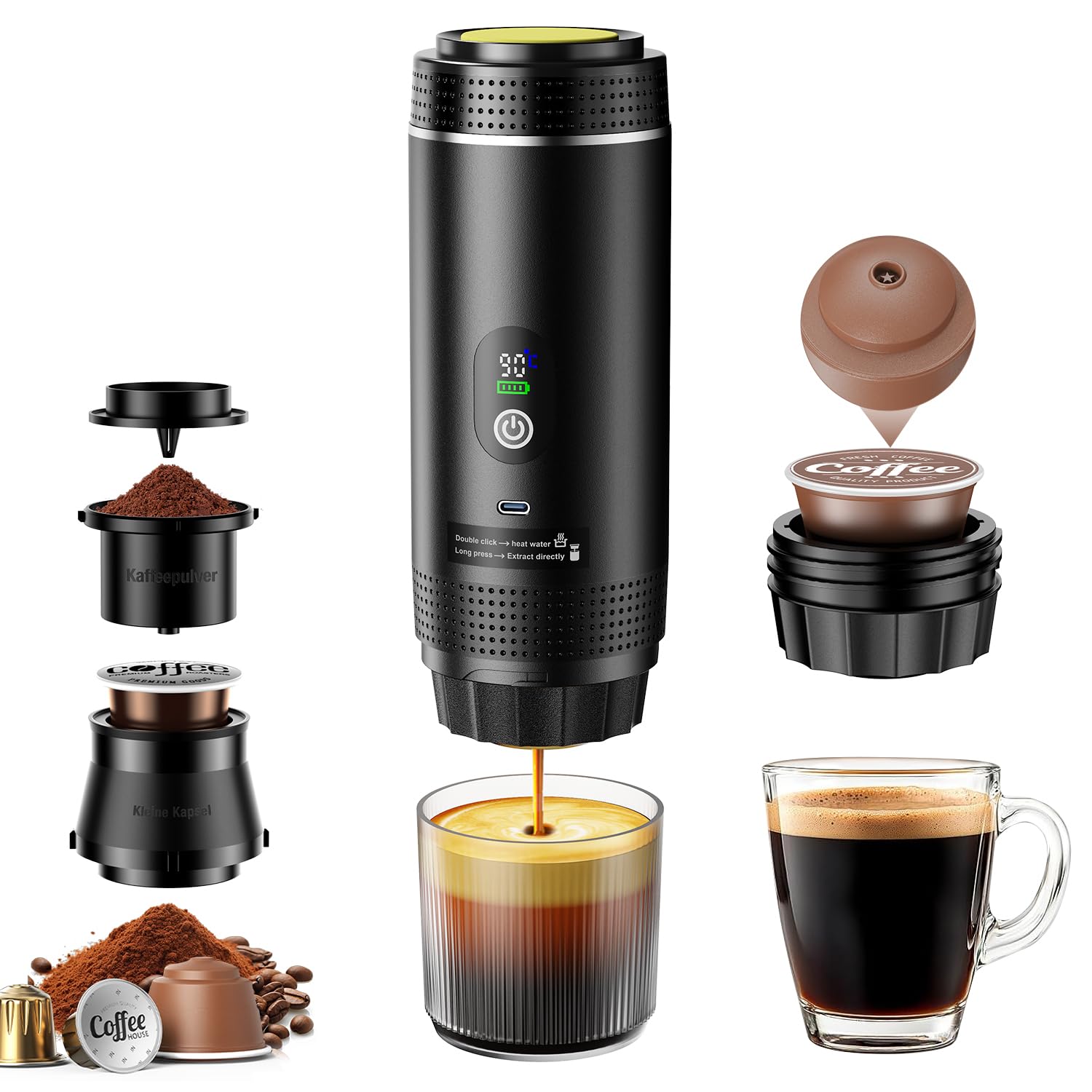 Mini Kaffeemaschine für unterwegs 3 in 1 Akku Espressomaschine mit USB kompatibel mit Kapsel und gemahlenem Kaffee
