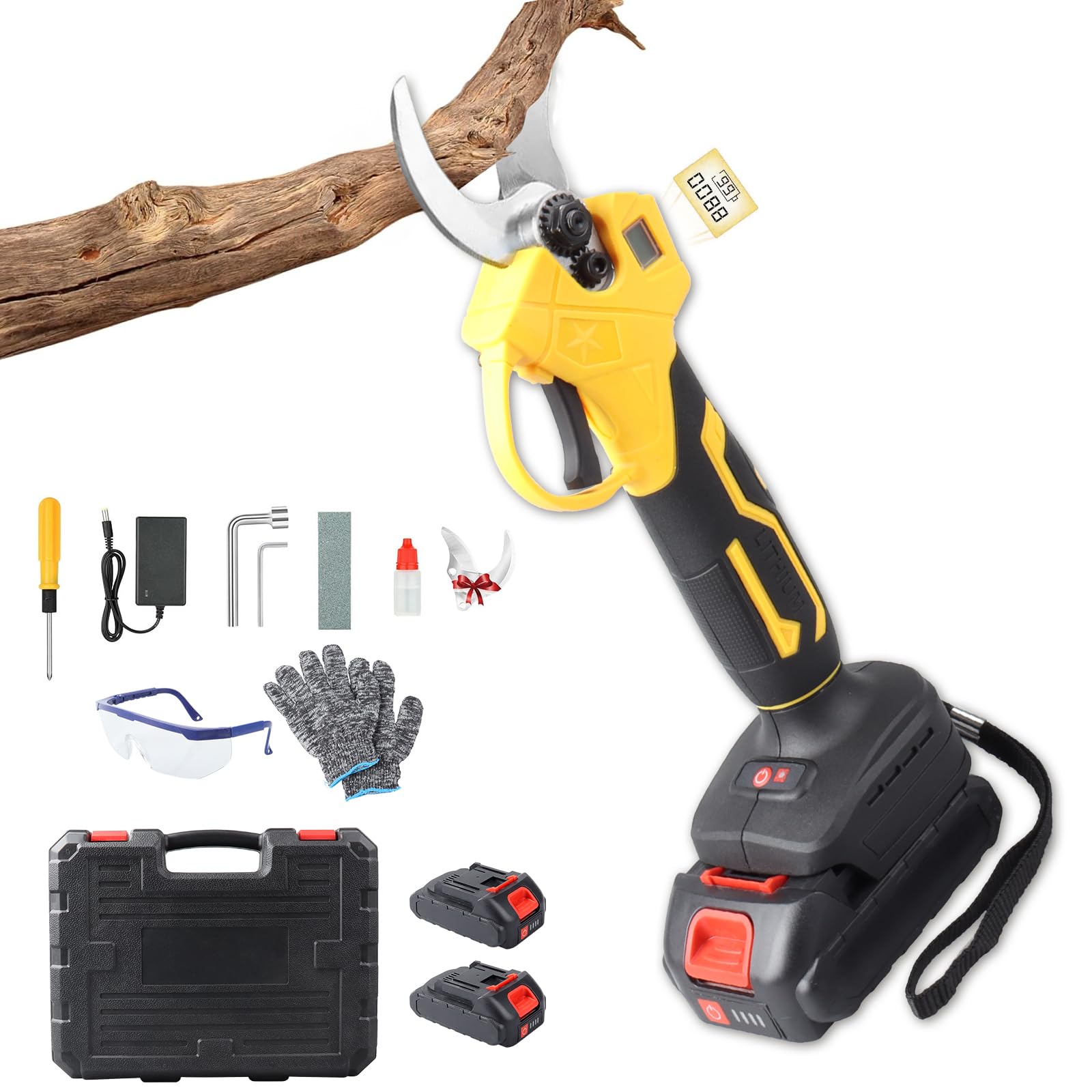 JIMACRO 35mm Tijeras Podar Electricas Brushless, 2 Niveles Ajustables Podadoras Profesionales con 2 * 2000mAh Baterías & LCD,Tijeras Eléctricas de Podar Inalámbricas para Jardinería Arboles Frutales