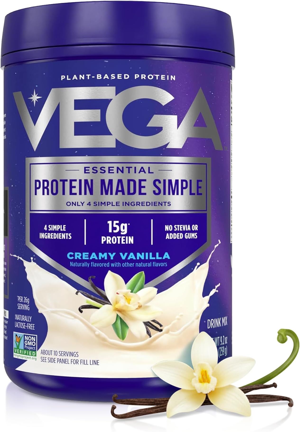 Protein Made Simple Plant-Based Vanilla Protein Powder with 15g Protein – Stevia-Free, Clean Nutrition – 9.2 oz (10 Servings)