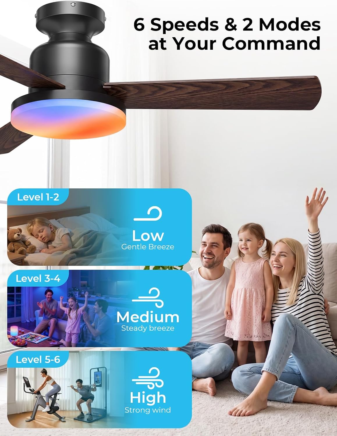 CINOTON Smart Ceiling Fan with Lights, 42'' RGBCW Low Profile Ceiling Fan with Lights and Remote, App/Voice Control, Reversible DC Motor, 2400lm Dimmable, 6 Speeds, Quiet Fan for Bedroom, Living Room thumbnail