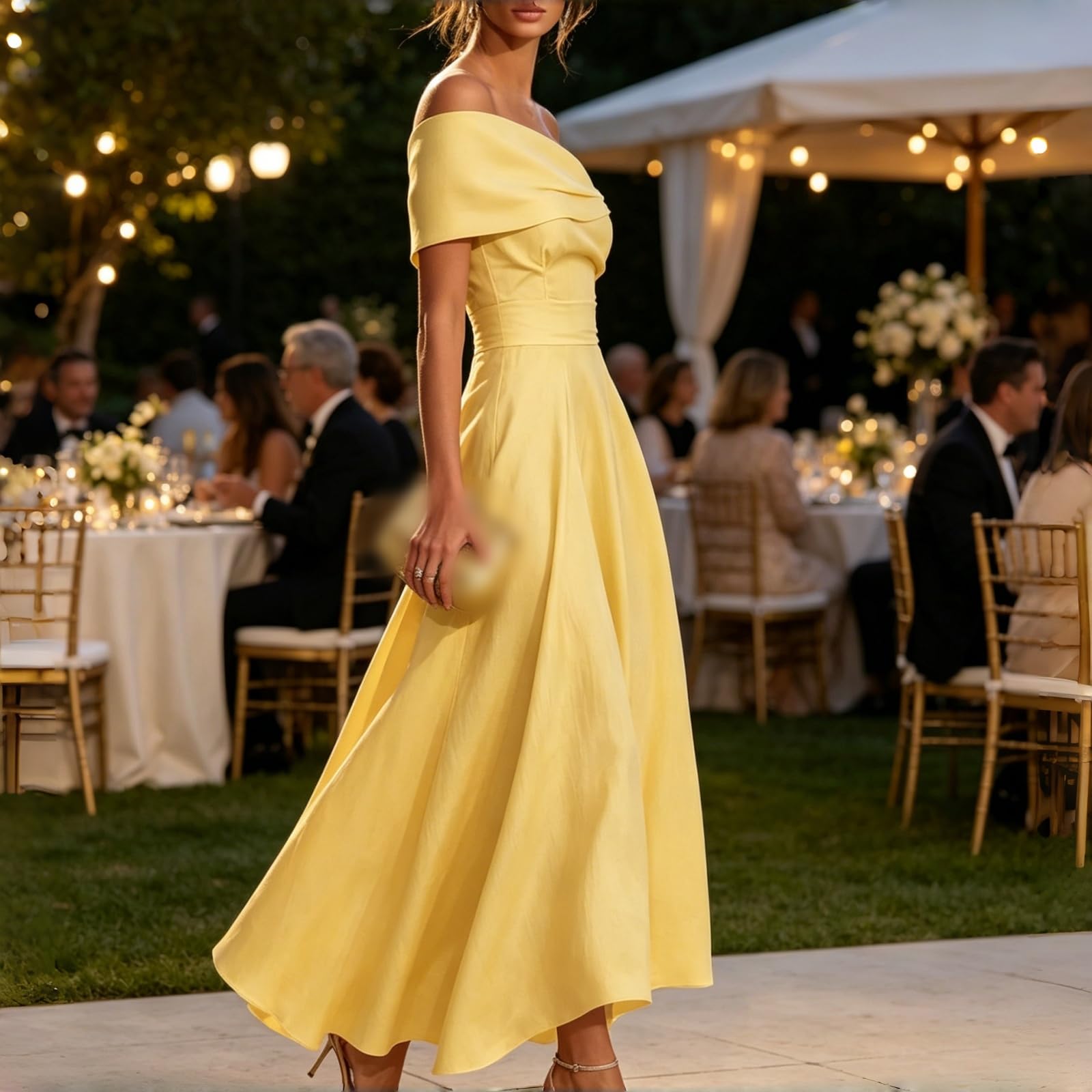 Abito da Donna Giallo in Lino con Scollatura Monospalla e Vita Aderente – Elegante Modello Scollato sulla Schiena a Linea A, Ideale per Cerimonie e Feste