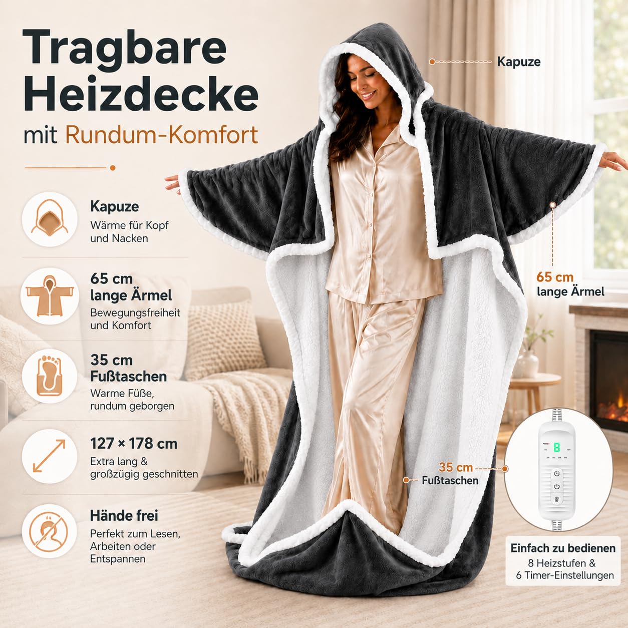 Pealeaf Beheizbare Decke mit Ärmeln und Fußtaschen, 8 Heizstufen, 6 Timer, Waschbar (Mit Füßen)