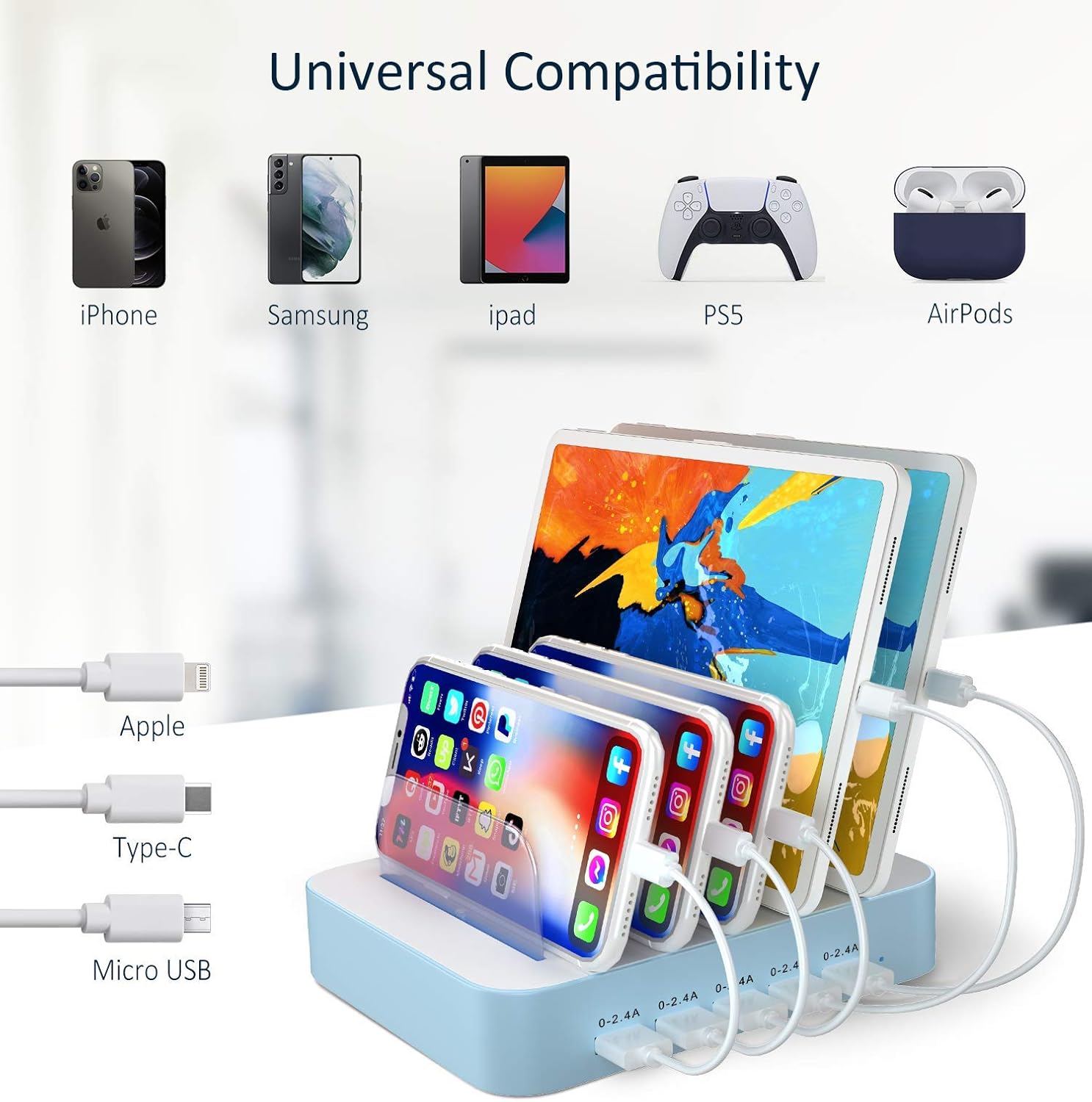 Charging Station for Multiple Devices, 5 Port USB Charging Station with 7 Short Mixed Cables, Compatible with iPhone, iPad, Cell Phone, Tablets, and Other Electronics, Blue : Cell Phones & Accessories