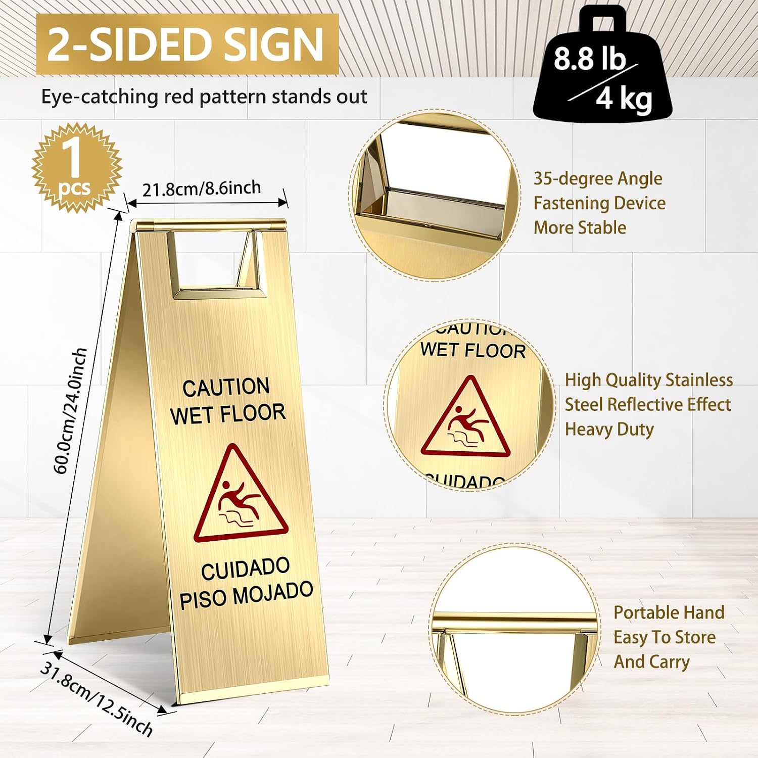 Stainless Steel Wet Floor Caution Sign Bulk 8.8 Pound Portable Foldable Handle Bilingual Safety Sign for Kitchen Restaurant Supermarket Shop Commercial Use Avoid Fall and Slip Accident(Gold)