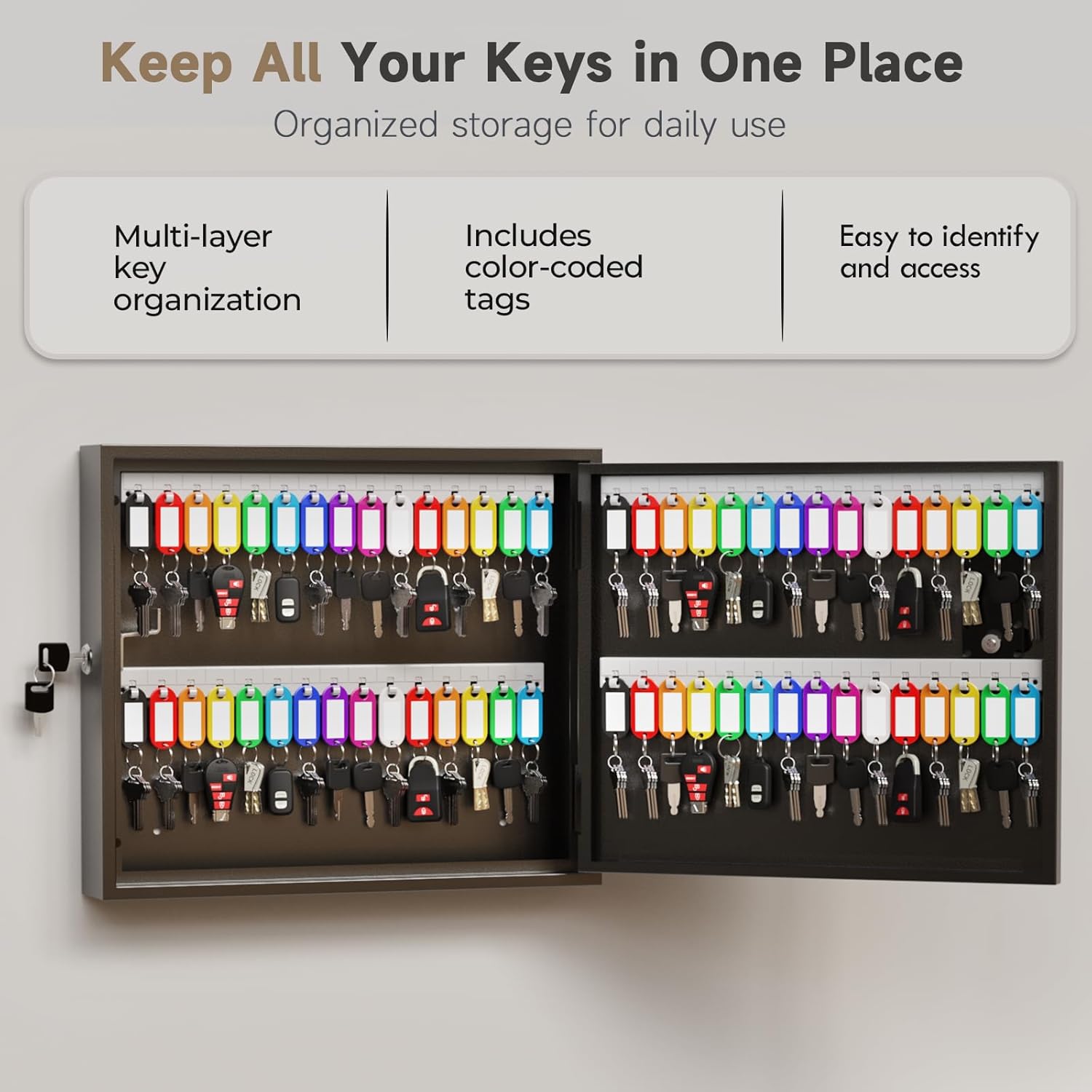 WeHere 60 Key Lock Box, Wall Mounted Key Cabinet with Magnetic Closure Door & Key Tags, Steel Lockable Key Organizer for School, Rental, Garage & Office