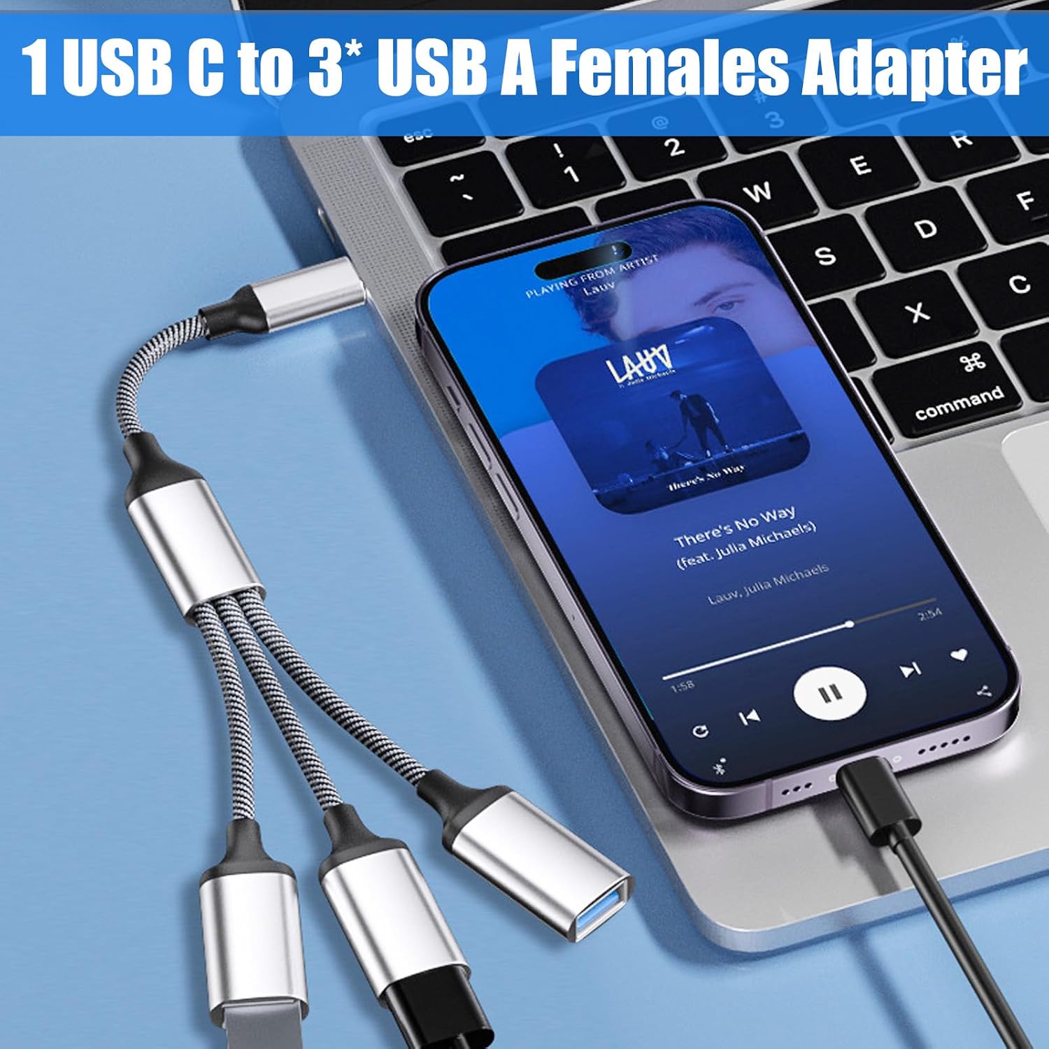 USB C Male to USB A Female Adapter, YaimhSound USB 2 to USB C Adapter, USBC OTG Cable Adaptor,1 in 3 Out Y Splitter 1ft for Laptop/Phone/Tablet/Car/iPhone17 Air 16 16e 15/MacBook/iPad/Samsung S25