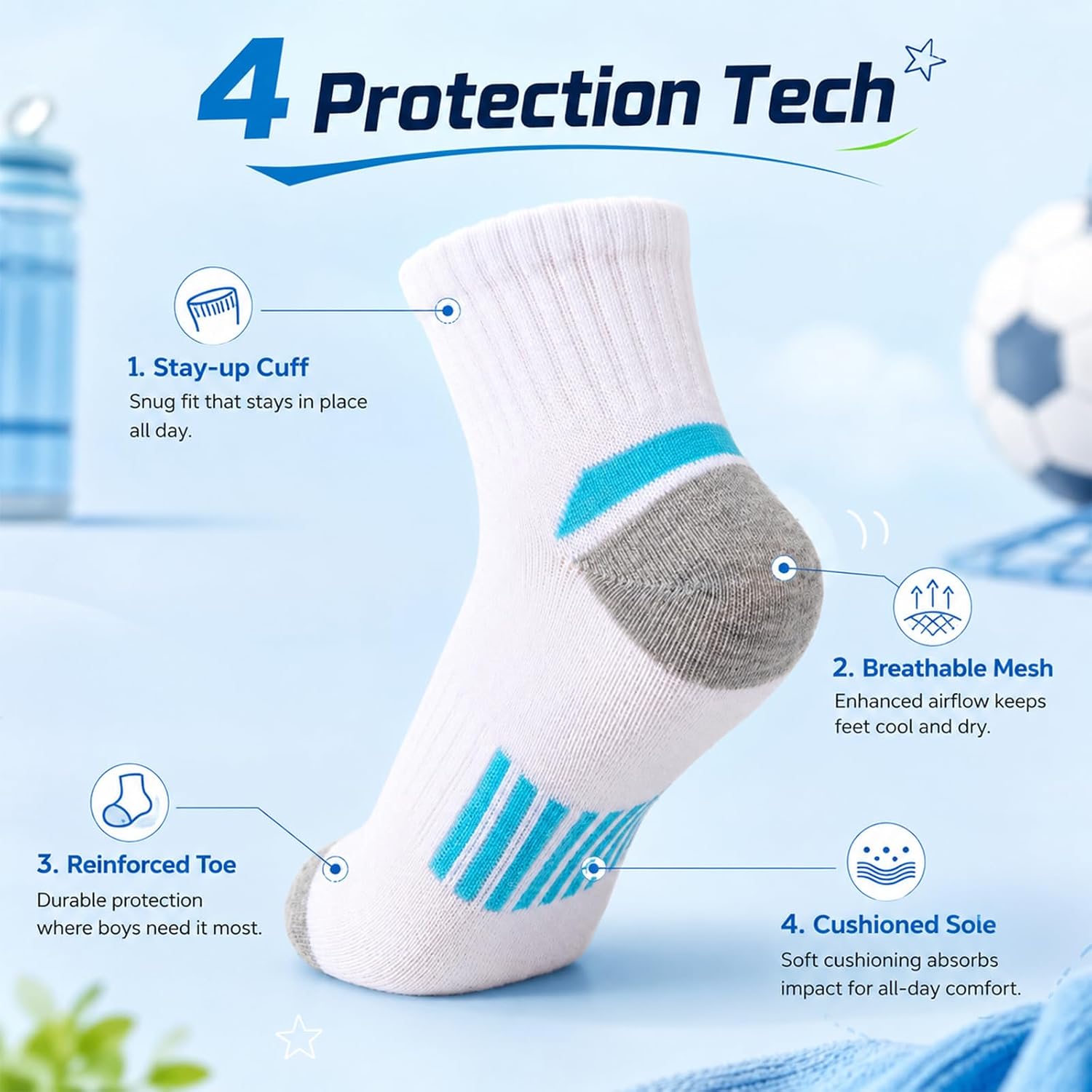 Comfoex Boys Cotton Socks 10 Pairs Quarter Athletic Socks for Boys Little Kids Age 4-7 7-10 Years Old