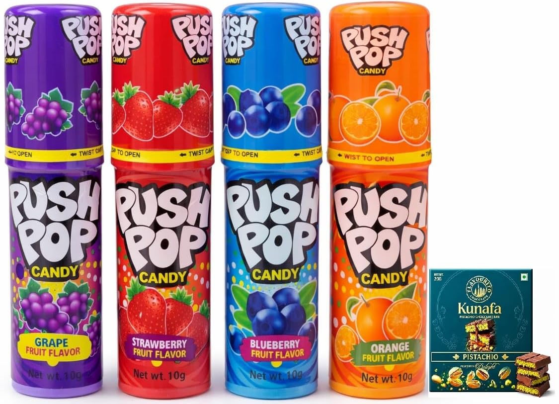 Push Pops Candy, Assorted Fruit Flavours, Grape Orange Strawberry Cherry, Each10g, Pack of 4 (Imported) by decadent foods-image-16