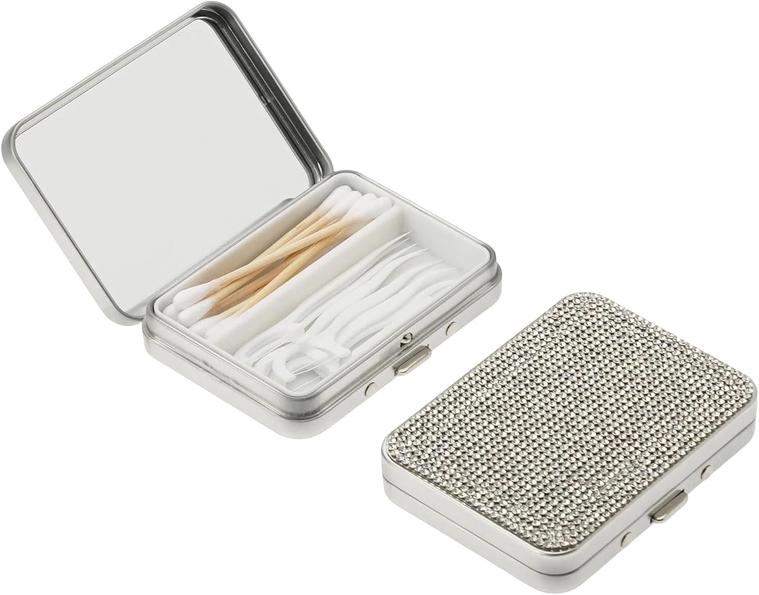 2Pack 2-in-1 Dental Floss & Cotton Swab Cases with Mirror - Bling Portable & Refillable Floss Pick Holders, Gum Container Metal Tin Box Case for Q-tip,Cotton Swab (Bling Silver)