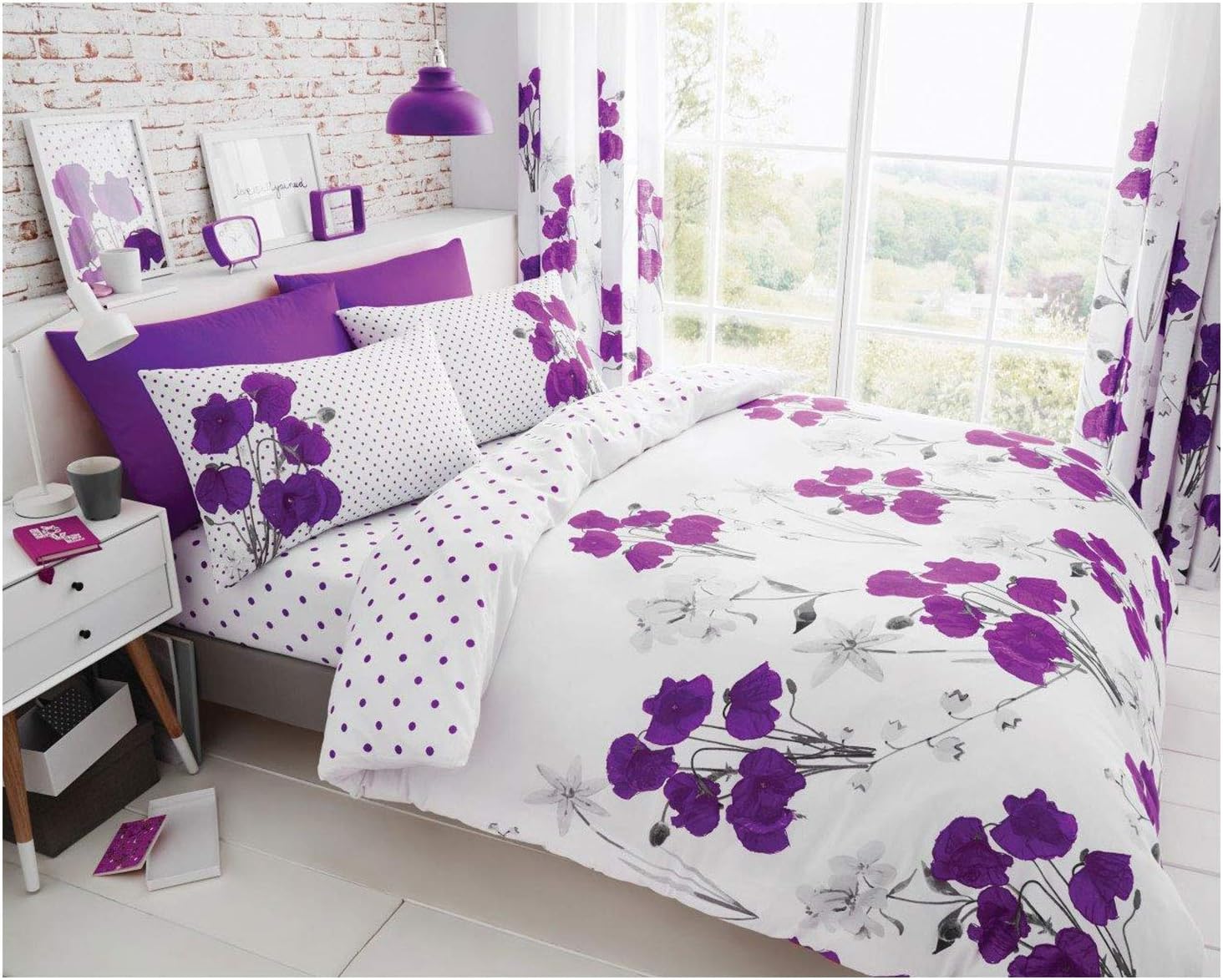 Lions Floral Bedding Set, King Size Bed Duvet Cover with Pillowcase, Luxury Printed Reversible Soft Quilt Covers, Ultra Soft Polyester-Cotton, 220x230cm Aubergine