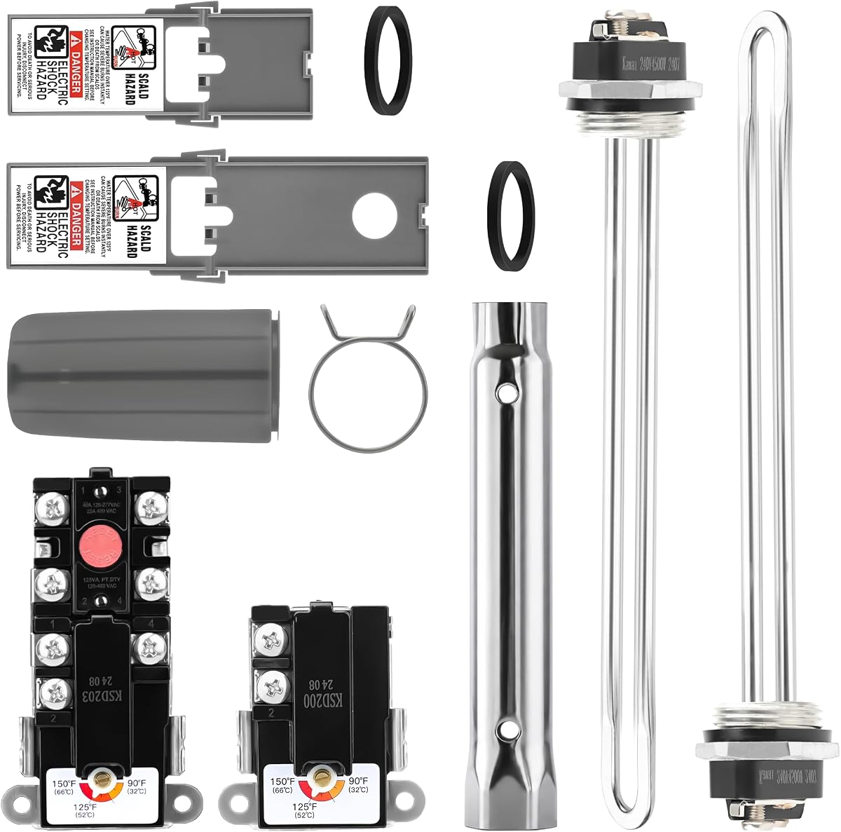 Electric Water Heater Tune-Up Kit, Includes Upper & Lower Heater Thermostat and Protective Covers, Water Heater Heating Elements, Quick Change Tool, Element Wrench
