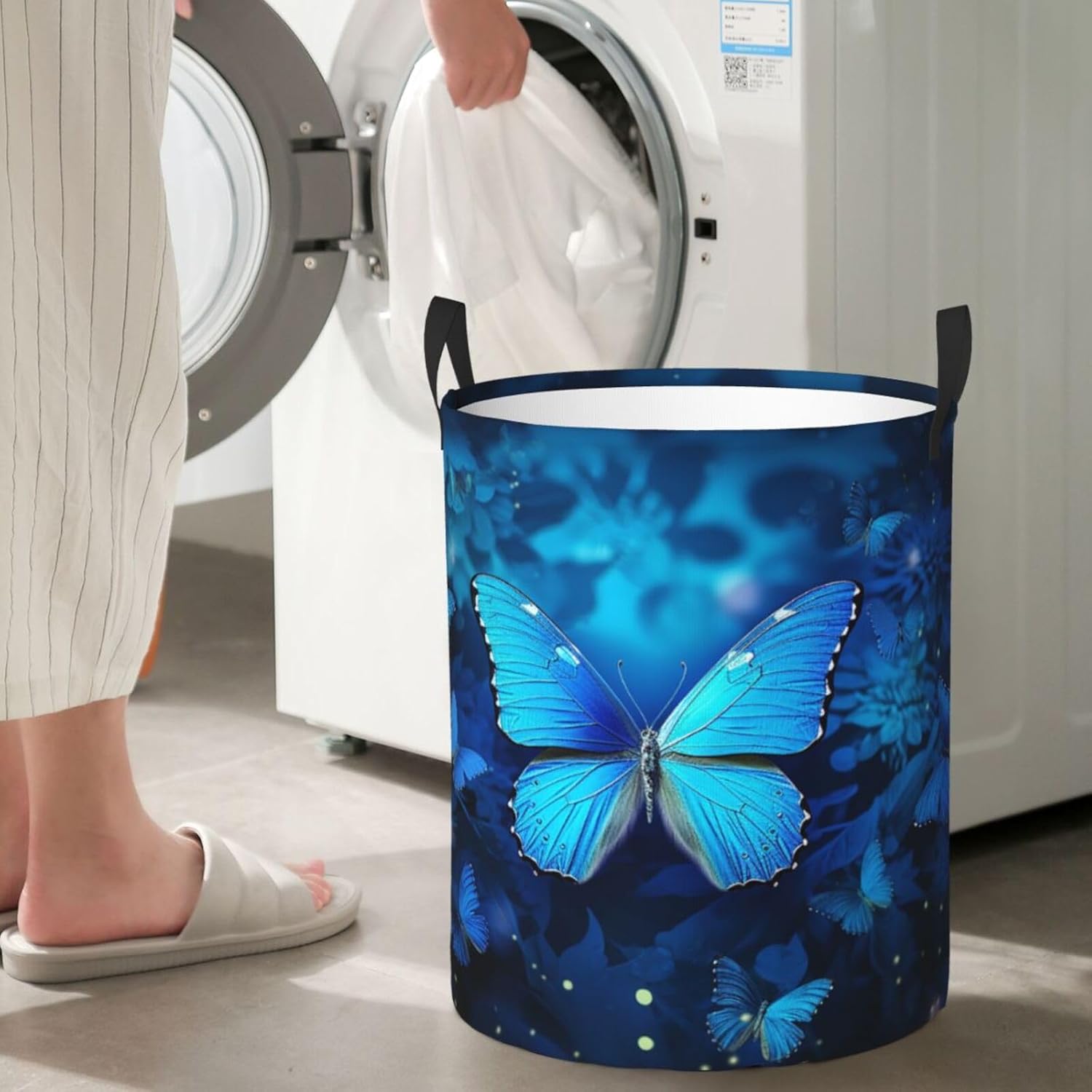 blue beautful butterfly Laundry Basket With Handles, Foldable Laundry Hamper Oxford Cloth Dirty Clothes Basket Waterproof Clothes Toys Storage Bin Organizer for Bedroom Bathroom Dorm