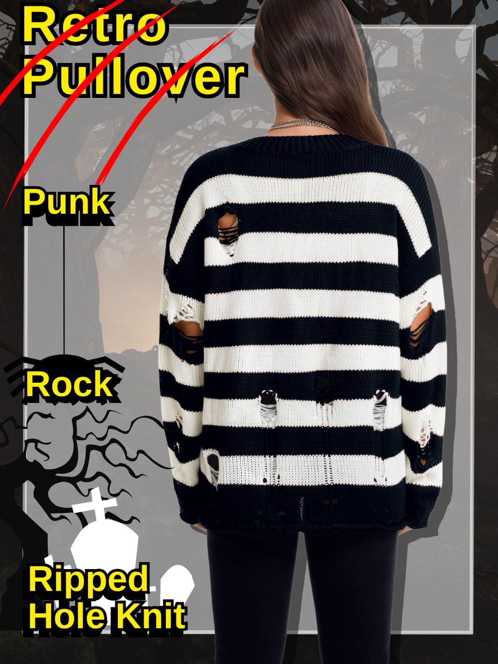 Women's Goth Ripped Sweaters, Oversized Long Sleeve Crewneck Striped Knit Pullover Sweater for Halloween