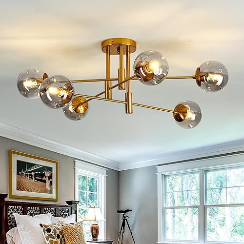 Miniatura 15 de SZXYKEJI Lámpara de Techo de Globo de Vidrio de 8 Luces Negro y Dorado de Mediados de Siglo Montaje al Ras Lámpara Sputnik Candelabro de Burbujas