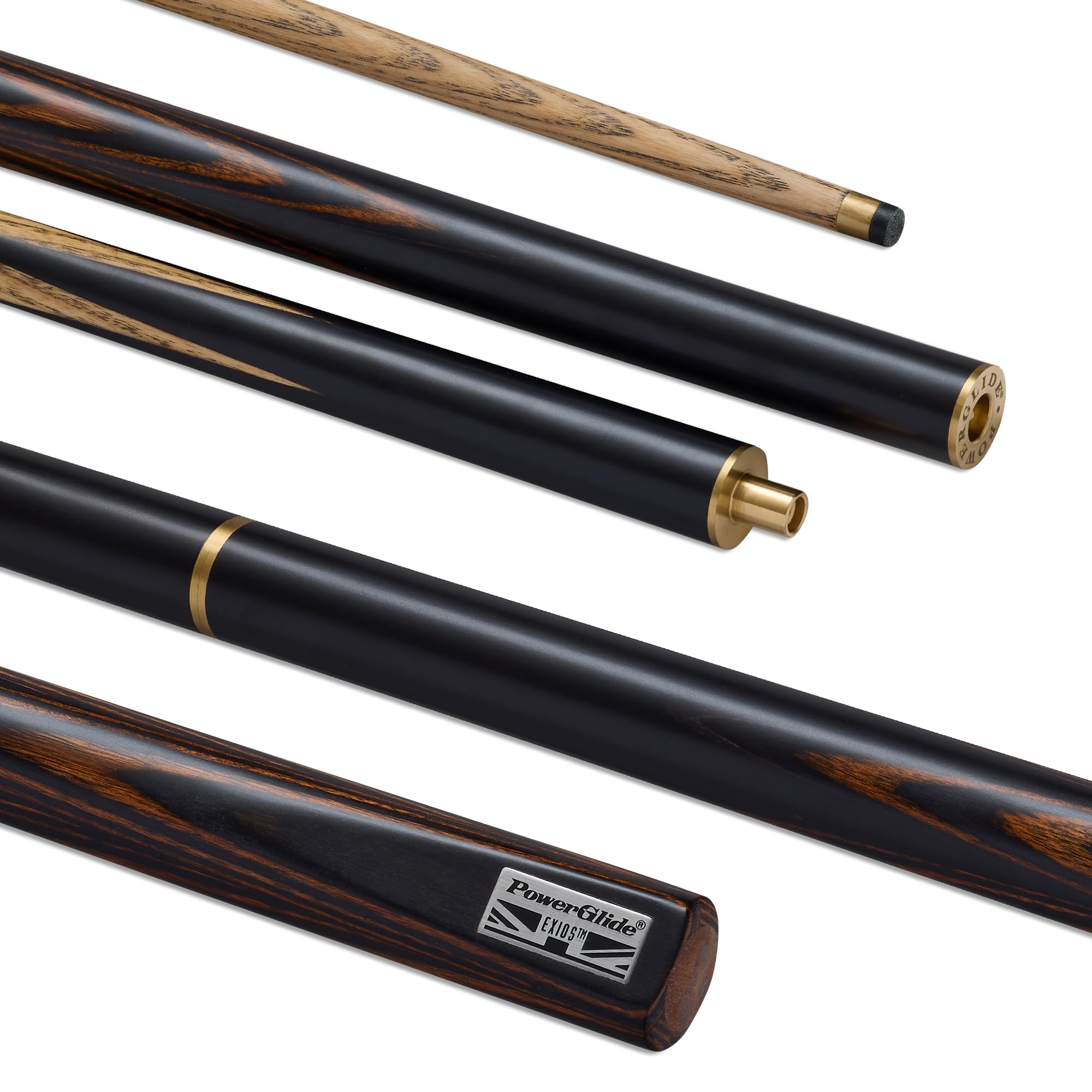 POWERGLIDE Exios 3/4 Jointed Snooker Cue – Ash Shaft, Hand Spliced Butt, Brass Joint, 9.5mm Tip – Performance Cue for Improving & League Players (Rainbow, Black/Grey, Brown & Blue Splice Designs) — image 1