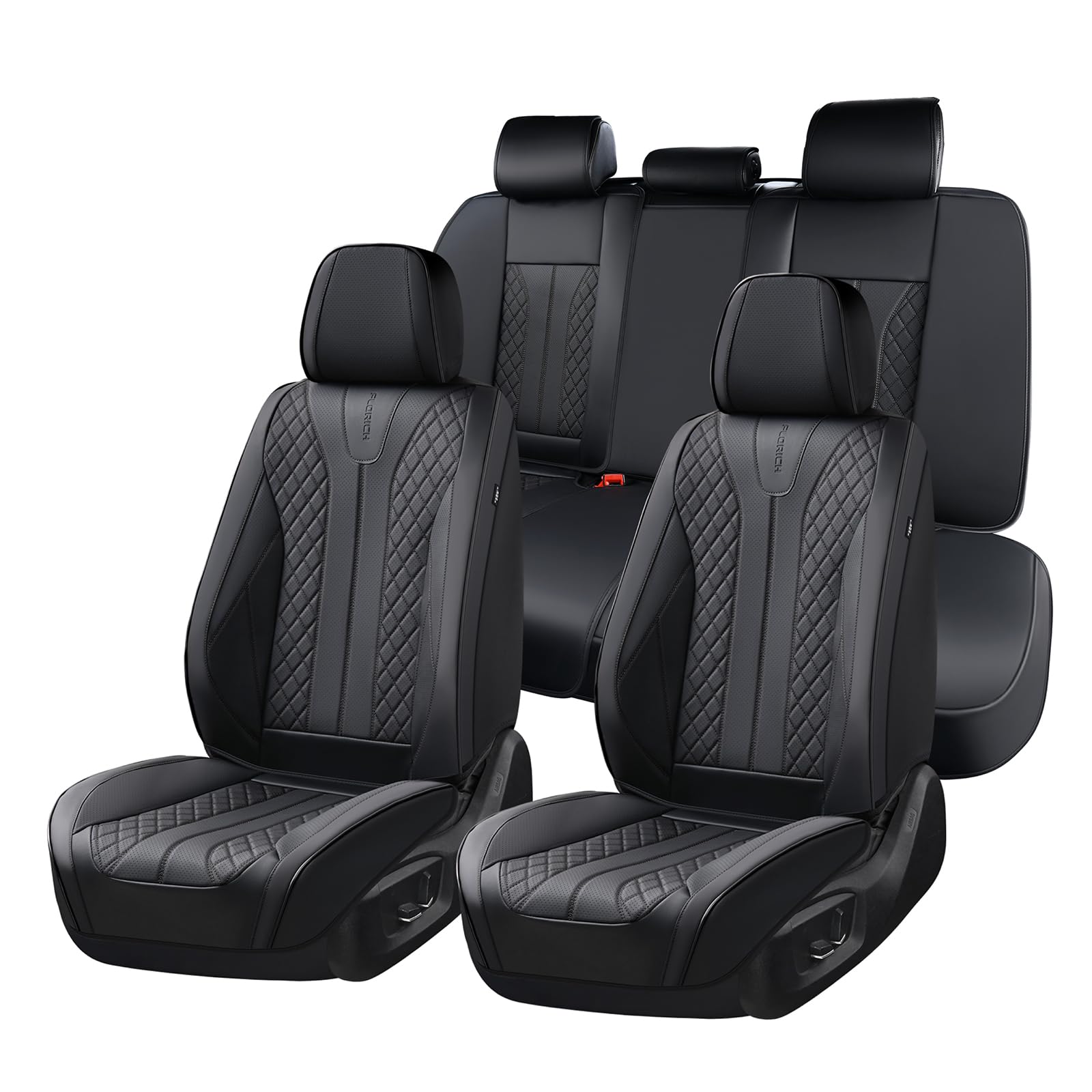 FLORICH Fundas Universales para Asientos de Coche para los Asientos Delanteros y Traseros, Fundas de Cuero Impermeables, Aptas para la Mayoría de Turismos, SUV (Juego Completo, Negro)