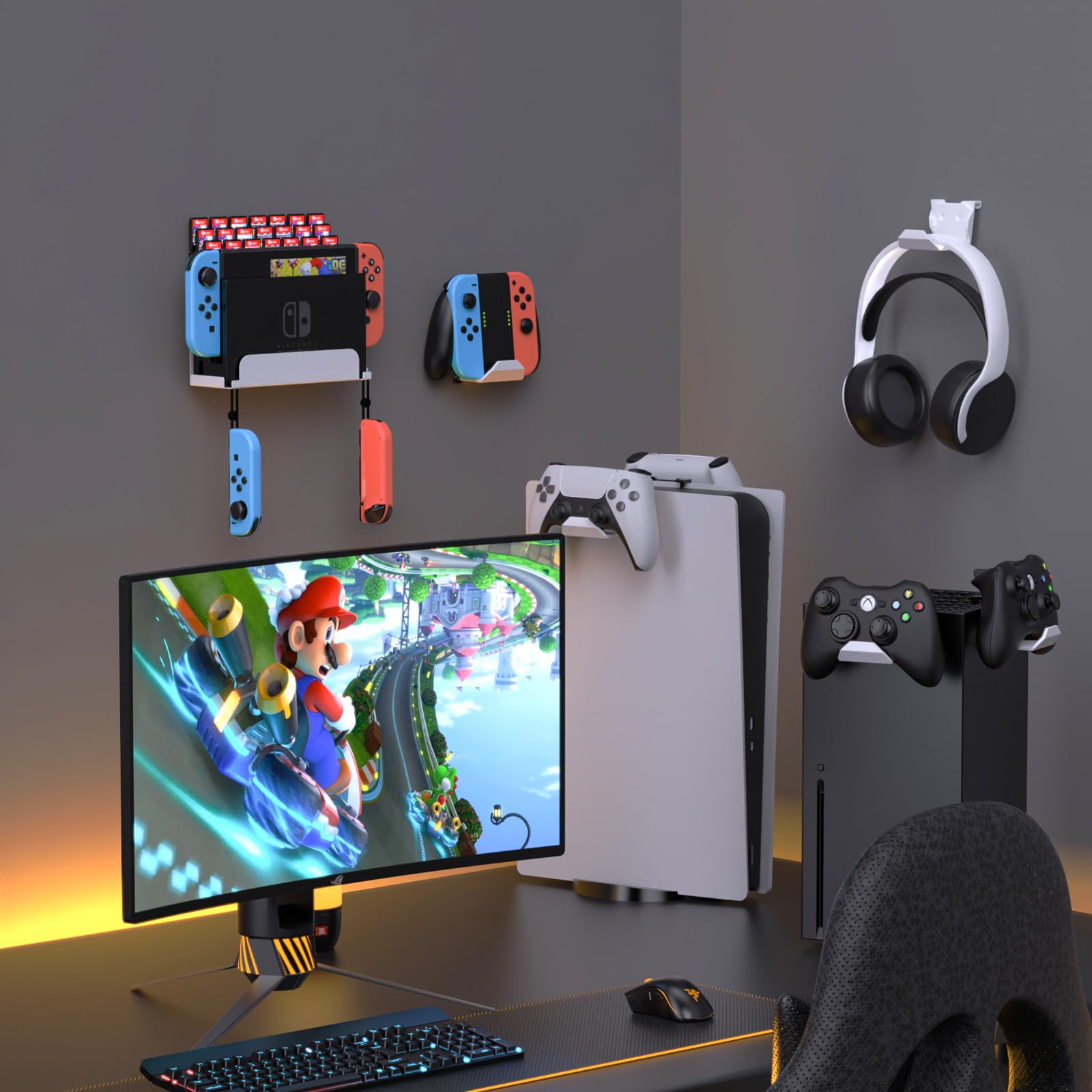 KUNSLUCK Supporto da parete per Nintendo Switch, supporto da parete con 2 controller e 28 supporti per carte da gioco (bianco)