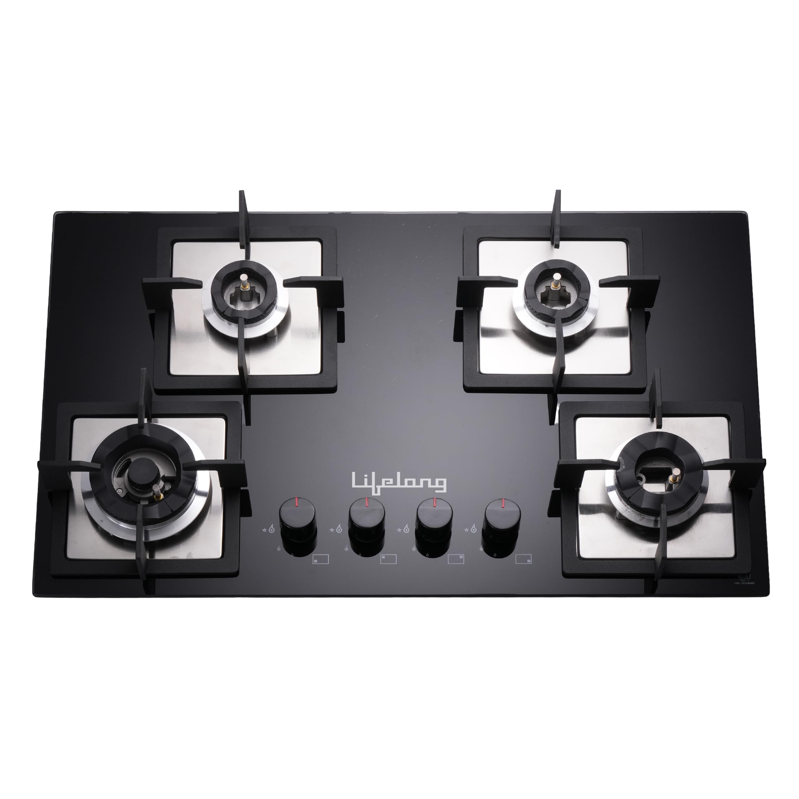 lifelong 4 burner built-in hob | 8mm thick toughened glass | highly efficient auto ignition tabletop gas stove & wok burner | 360° multidirectional gas inlet | spill-proof & easy clean surface (black)