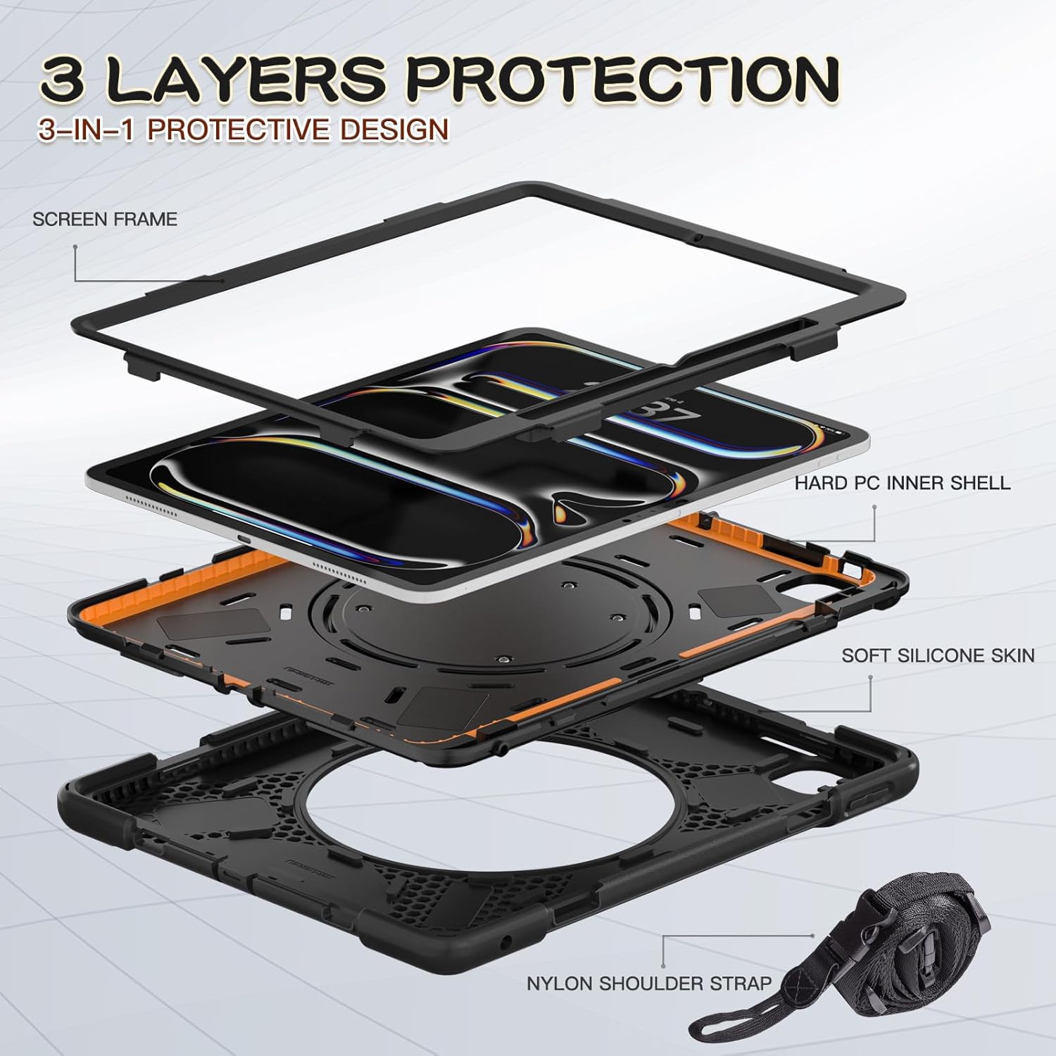 Batianda for New iPad Pro 13-inch Case 2025 M5 2024 M4 Chip Heavy Duty Rugged Durability Silicone Tablet Cover with 360° Rotating Ring Foldable Kickstand & Shoulder Strap, Black