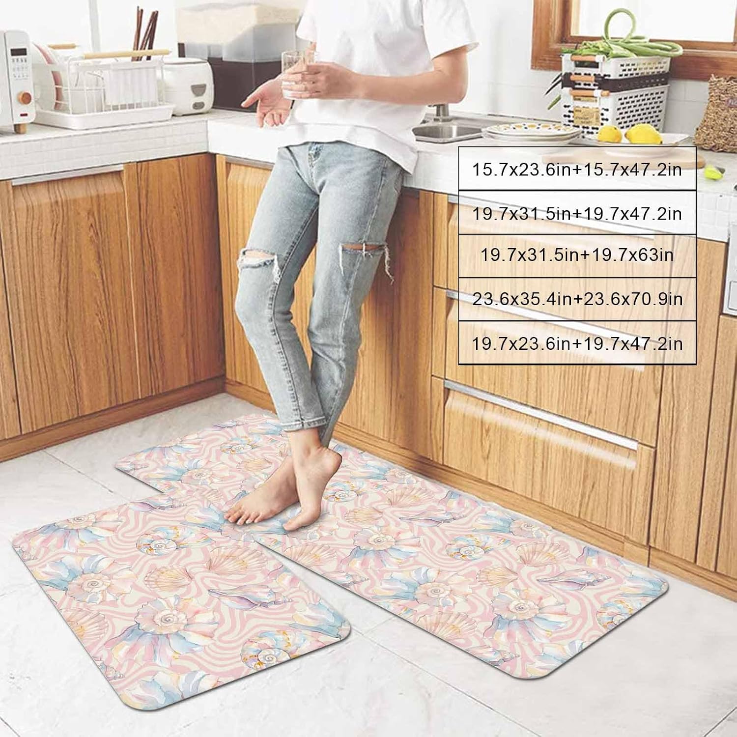 Summer Conch Kitchen Mat Set 2 Pieces Dreamy Nautical Coastal Pink Seashells Waves Non Slip Kitchen Rugs Washable Runner Rug Mats for Floor Sink Laundry Office 19.7" x 31.5"+19.7" x 47.2"