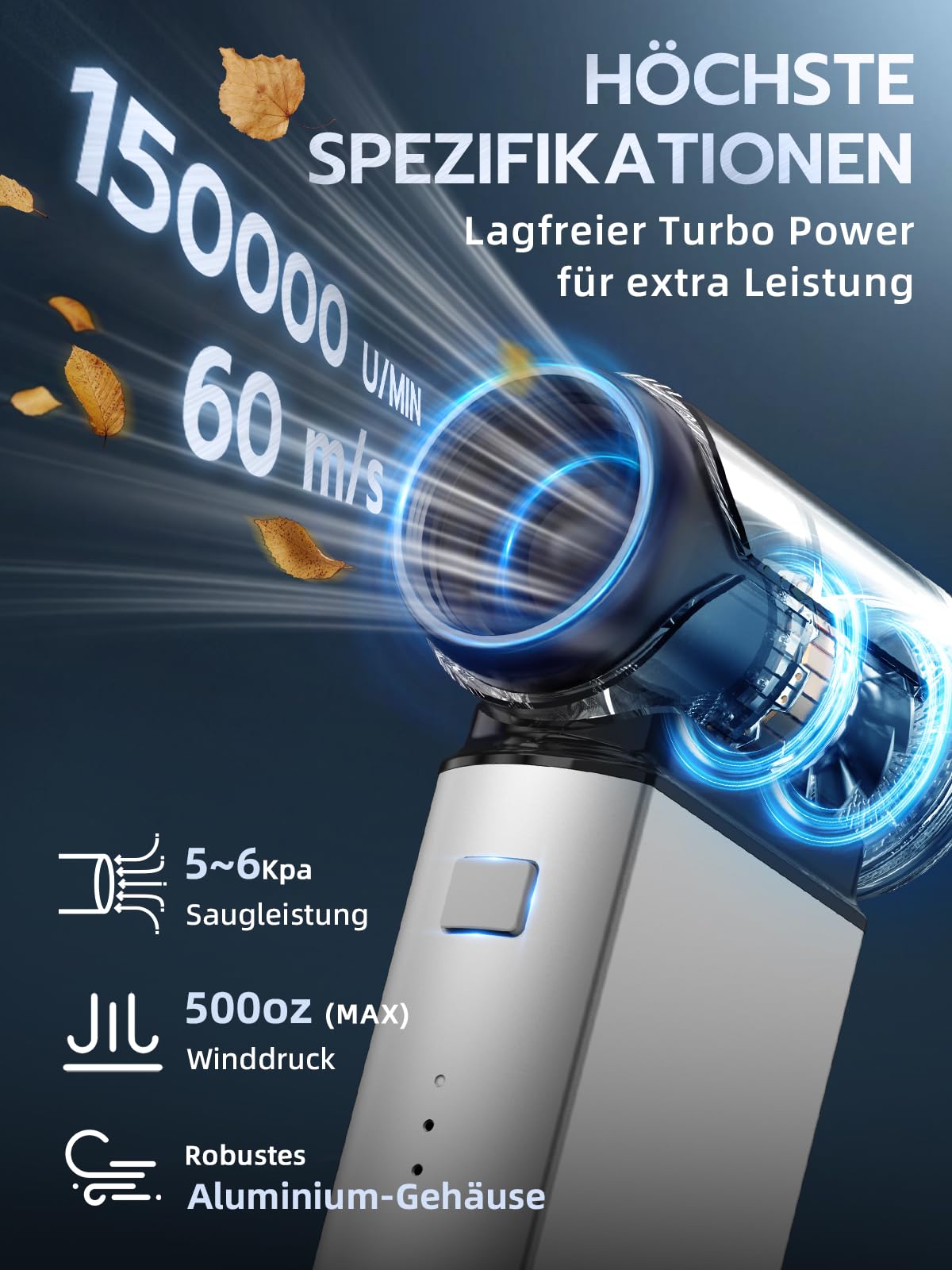Smiling Shark Elektrische Staubgebläse Luftdruckspray, J02 Superkraft 150000U/Min aus Aluminum Mini-Gebläse mit 2 Modi (Normal&Sturm) und 8000mAh Akku, Turbo Handventilator für Kühlung/PC/BBQ/Auto