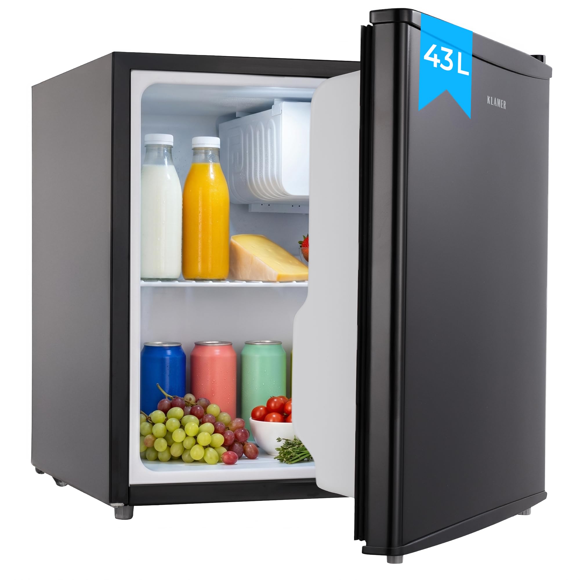 KLAMER Mini Kühlschrank 43 L, Kleiner Kühlschrank Schwarz, 6 Kühstufen, Kompressor, Schnellkühlfach, Herausnehmbares Gitter, Minibar, Kühlschrank Klein