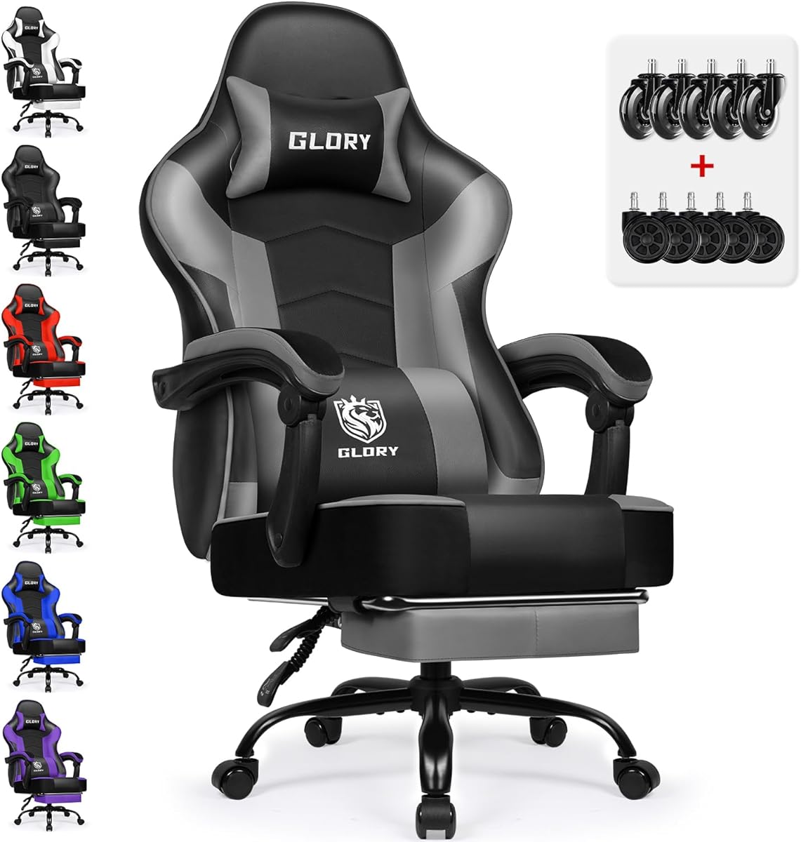 Gaming Stuhl Ergonomischer mit Fußstütze, Gaming Chair 150 kg Belastbarkeit, Gamer Stuhl aus Kunstleder, Höhenverstellbarer PC Zockerstuhl Bürostuhl für Jugendliche Erwachsene, Grau