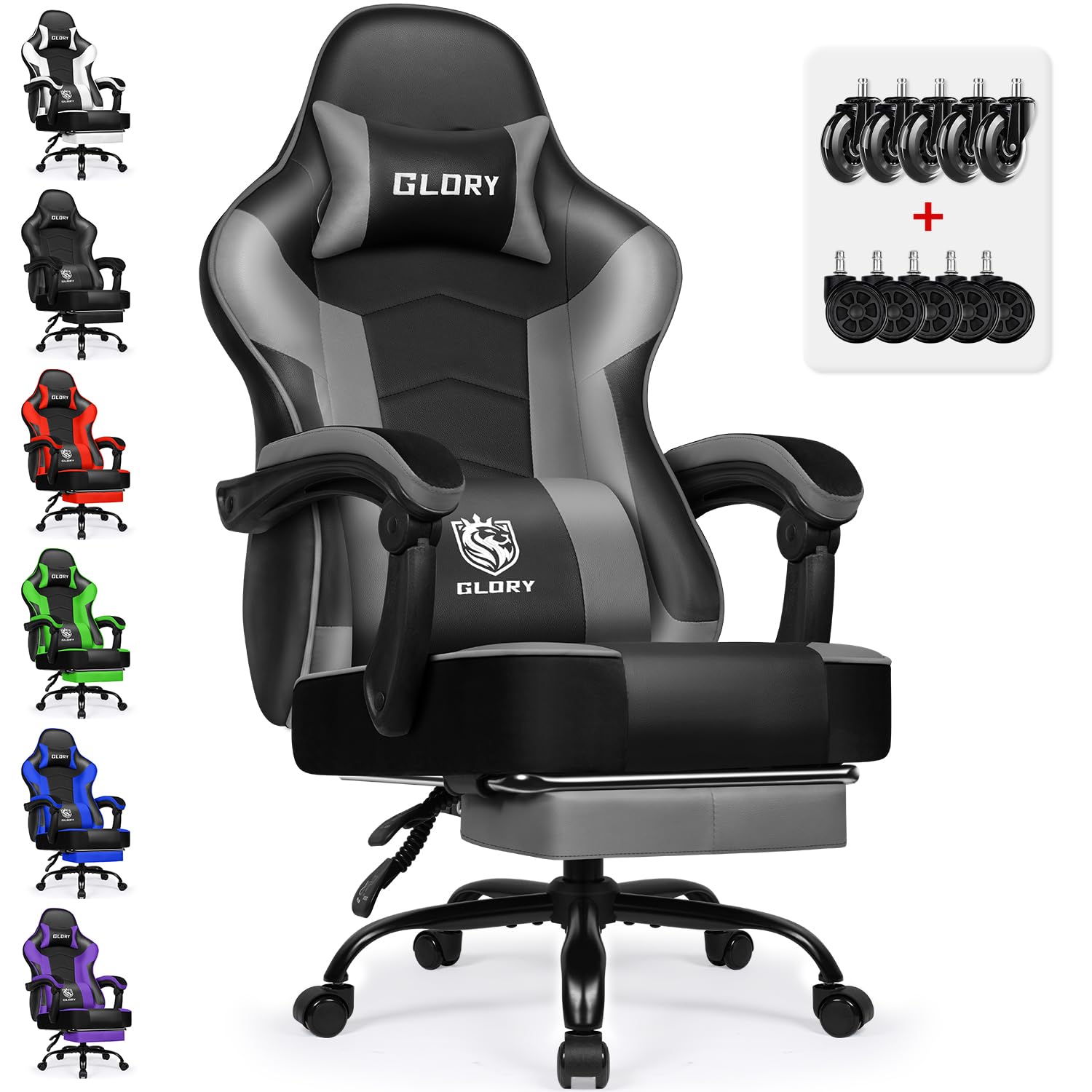 minnouat Gaming Stuhl Ergonomischer mit Fußstütze, Gaming Chair 150 kg Belastbarkeit, Gamer Stuhl aus Kunstleder, Höhenverstellbarer PC Zockerstuhl Bürostuhl für Jugendliche Erwachsene, Grau