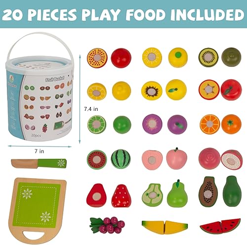 Miniatura 2 de WoodenEdu Comida de madera para la cocina de los niños, 38 piezas de juguetes para cortar frutas para niños pequeños simulan verduras, regalo para